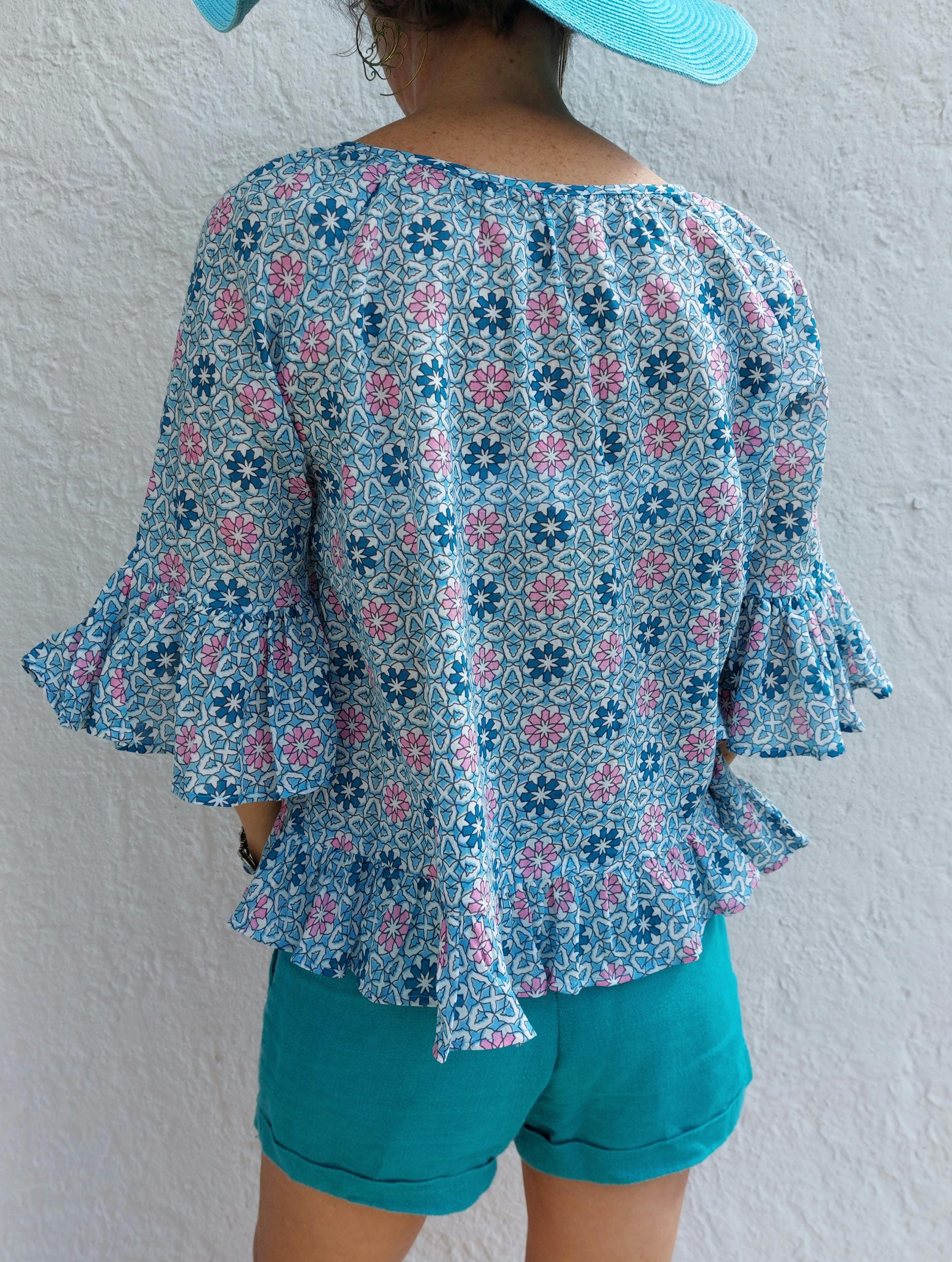 ruffles top in cotton,blue-pink mosaic pattern