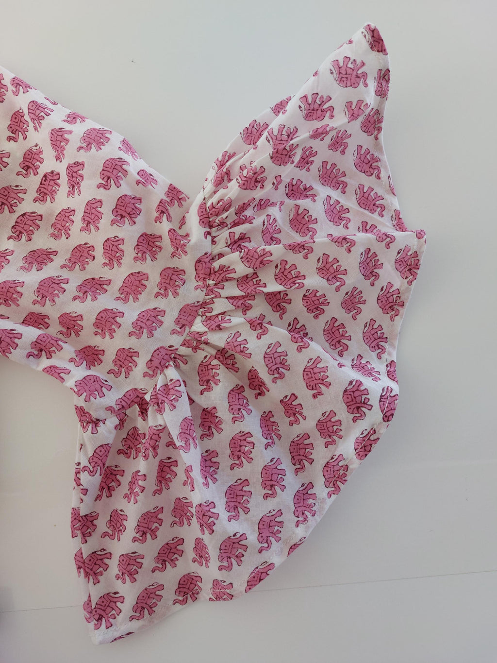 ruffles top in cotton handblock printed,pink elephant pattern,3/4 sleeves with ruffles,casual outfit,limited series