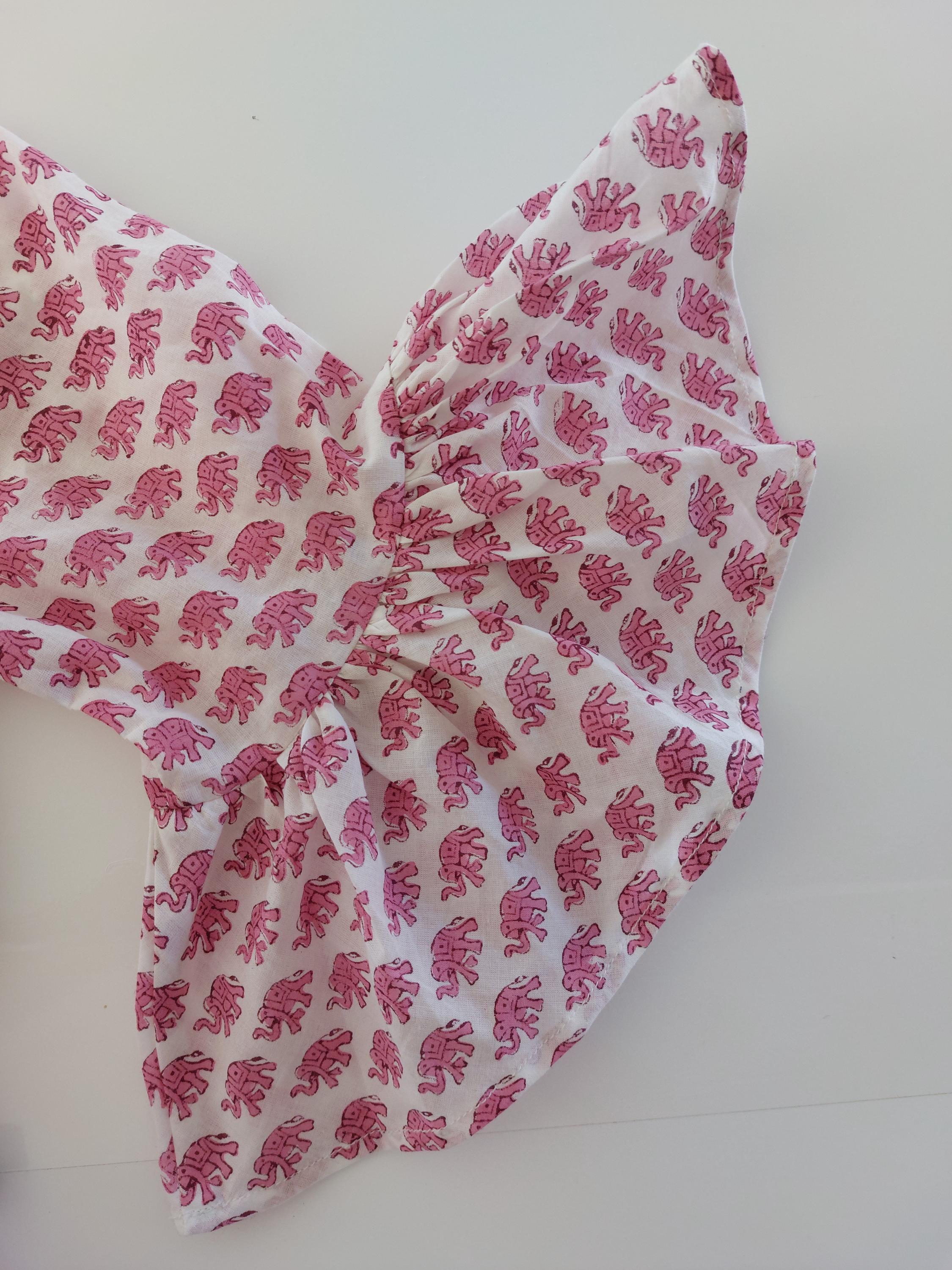 ruffles top in cotton handblock printed,pink elephant pattern,3/4 sleeves with ruffles,casual outfit,limited series