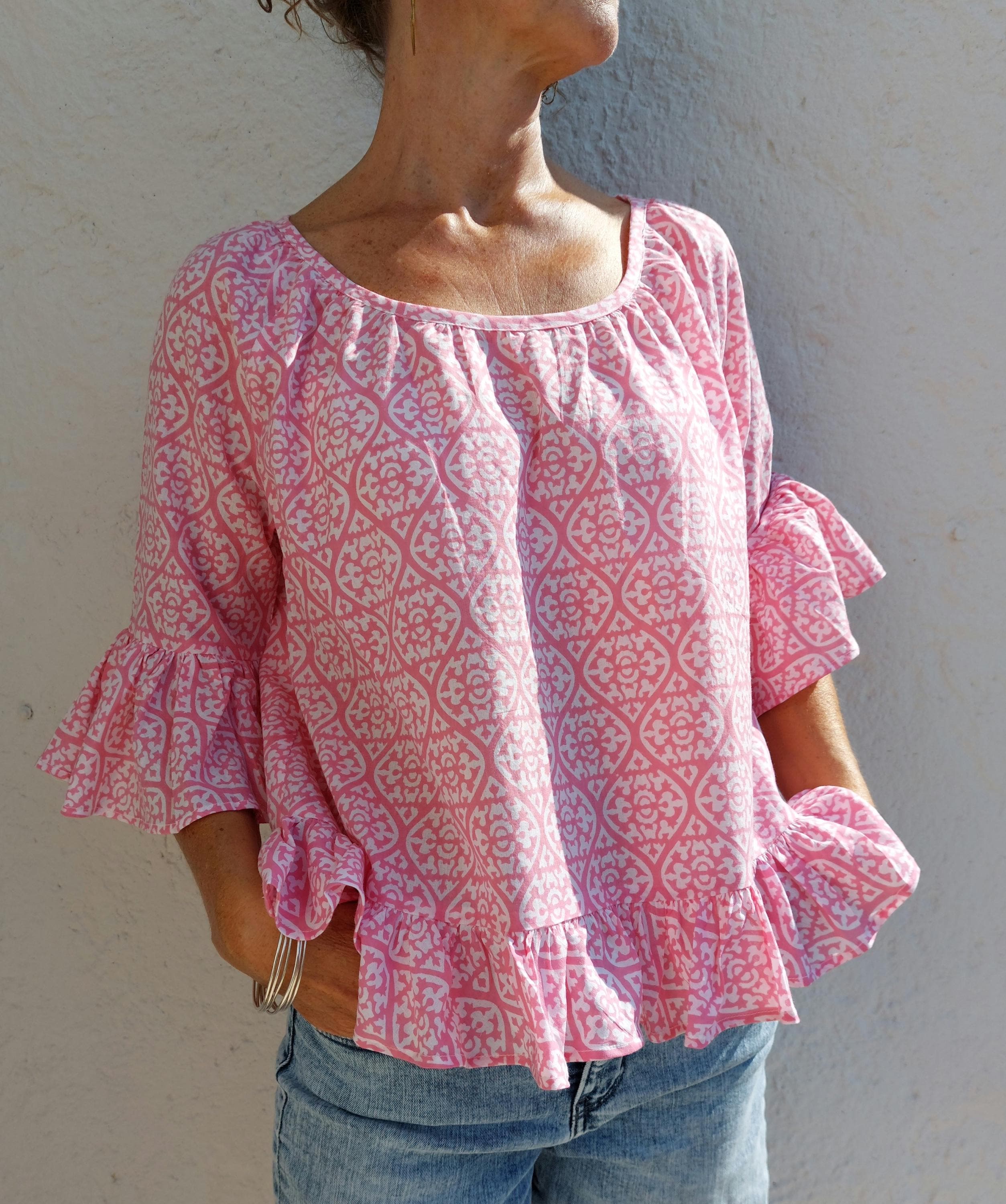 ruffles top in soft cotton,pink pattern,hippie chic summer outfit,round neckline finishing bias piping,limited series,gift for her