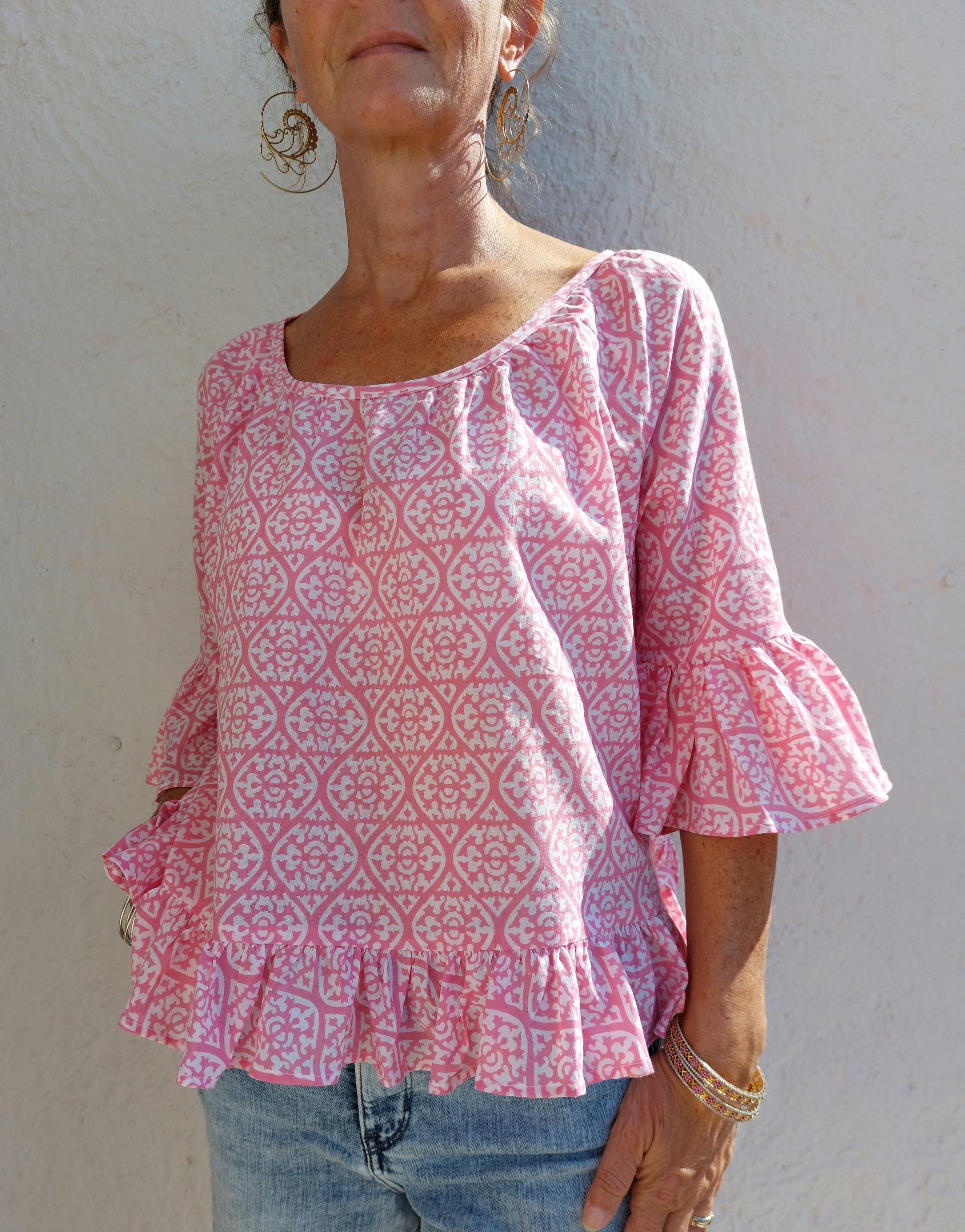 ruffles top in soft cotton,pink pattern,hippie chic summer outfit,round neckline finishing bias piping,limited series,gift for her