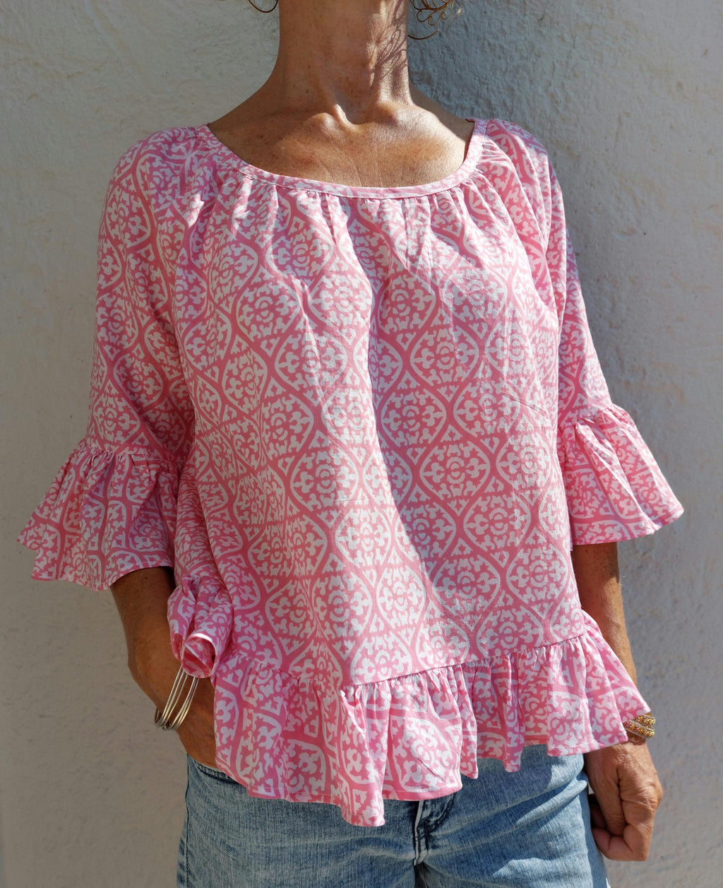 ruffles top in soft cotton,pink pattern,hippie chic summer outfit,round neckline finishing bias piping,limited series,gift for her