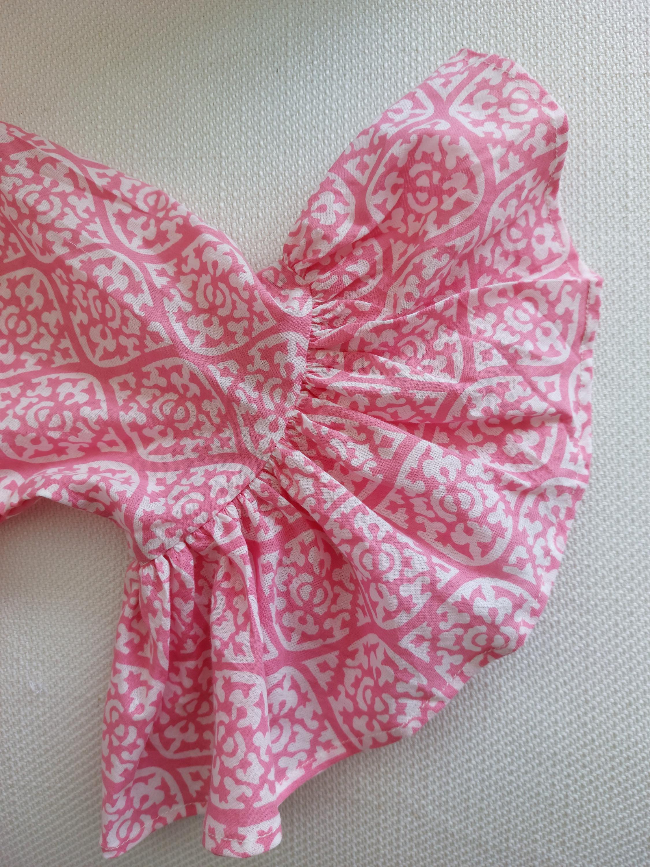 ruffles top in soft cotton,pink pattern,hippie chic summer outfit,round neckline finishing bias piping,limited series,gift for her