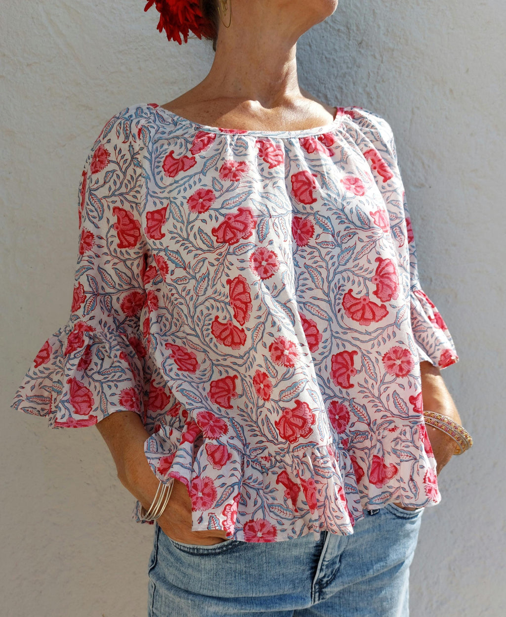 ruffles top in cotton,floral pattern