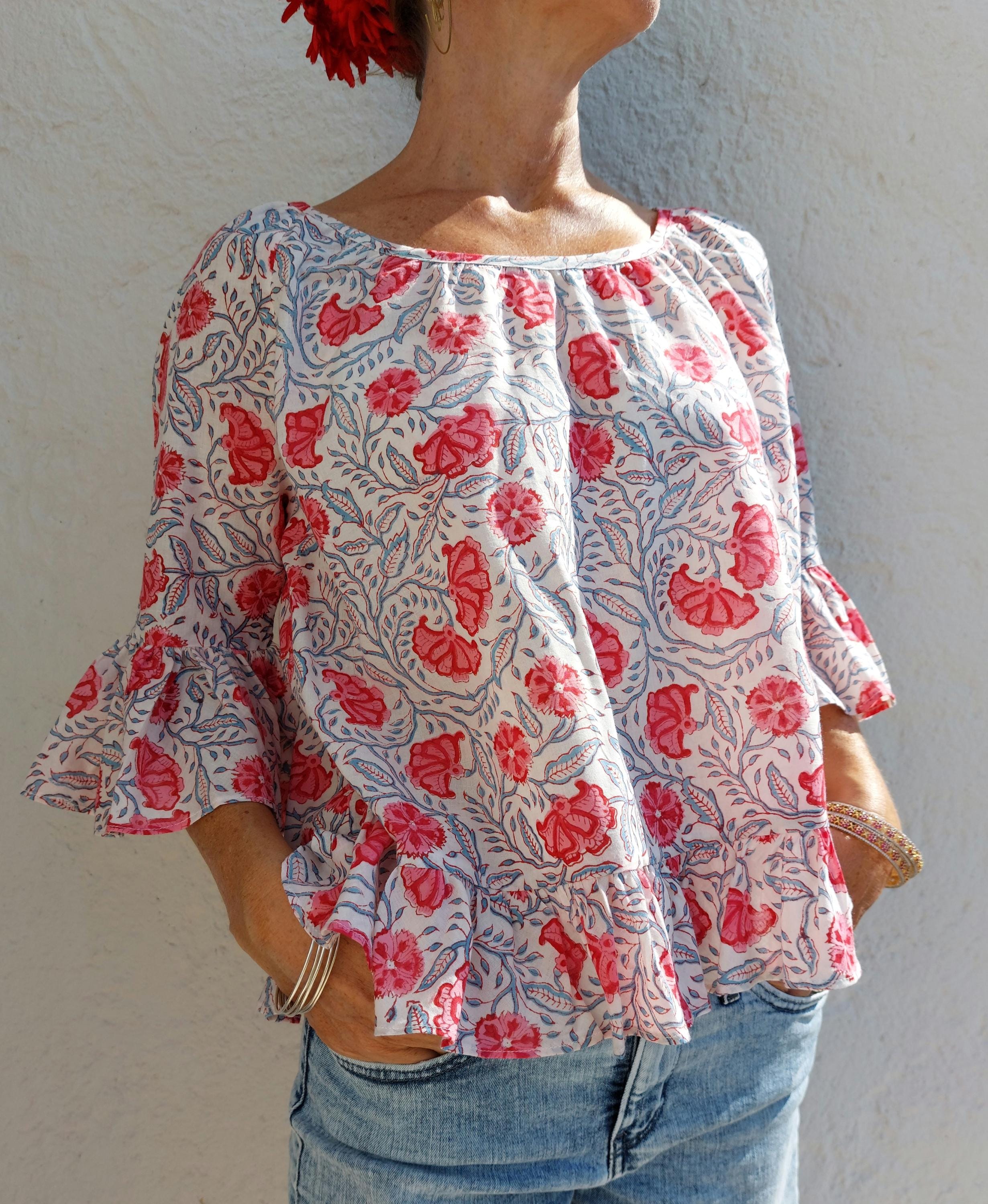 ruffles top in cotton,floral pattern