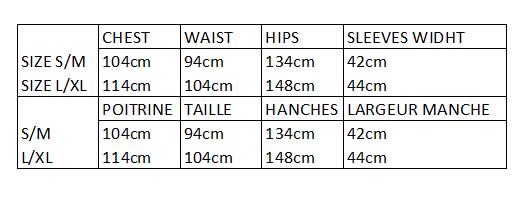 Garment size and measurement chart