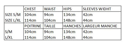 Garment size and measurement chart