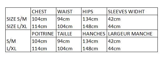 Garment size and measurement chart