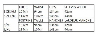 Garment size and measurement chart