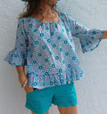 ruffles top in cotton,blue-pink mosaic pattern