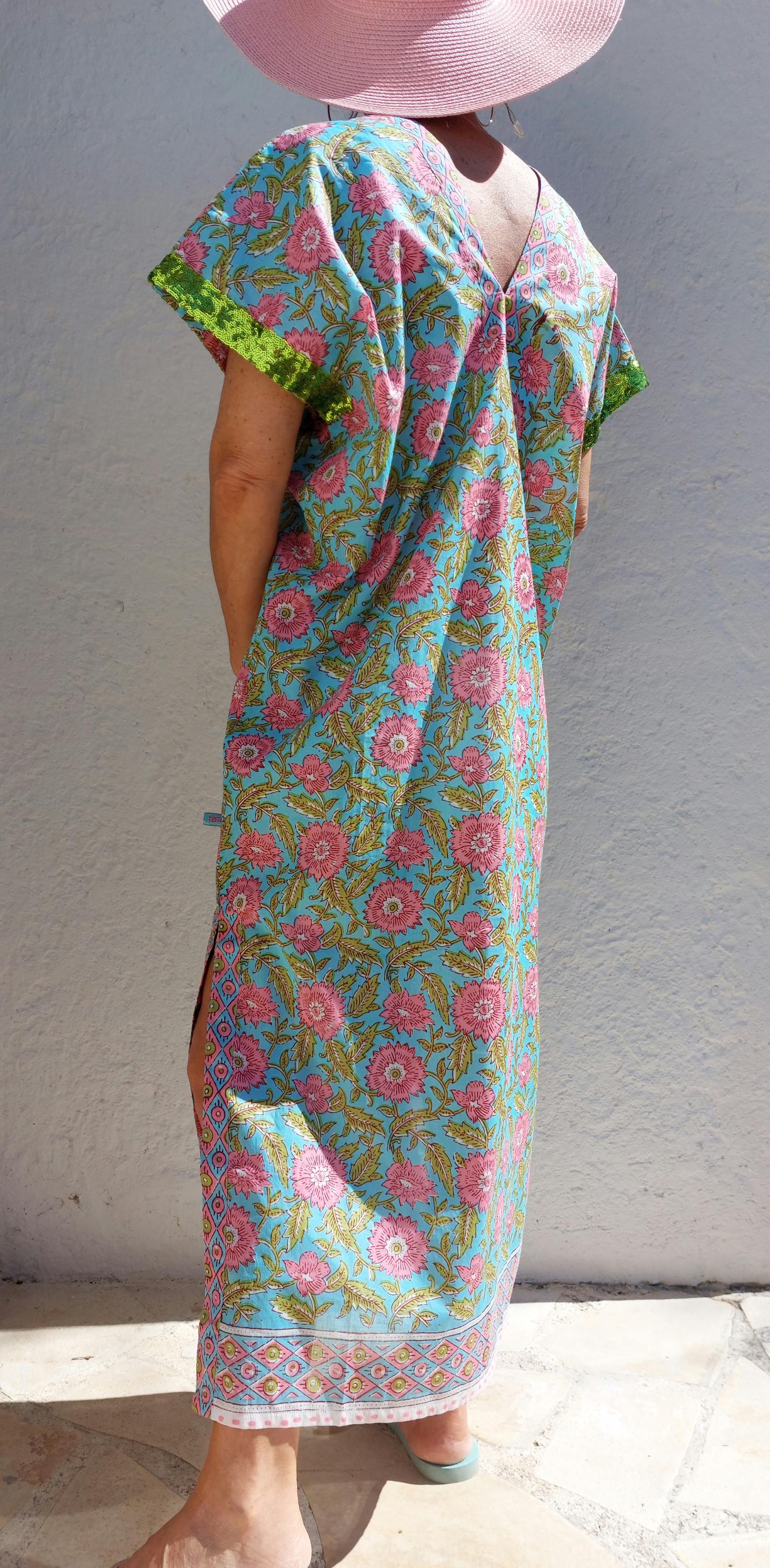 long caftan in soft cotton, turquoise pink floral pattern