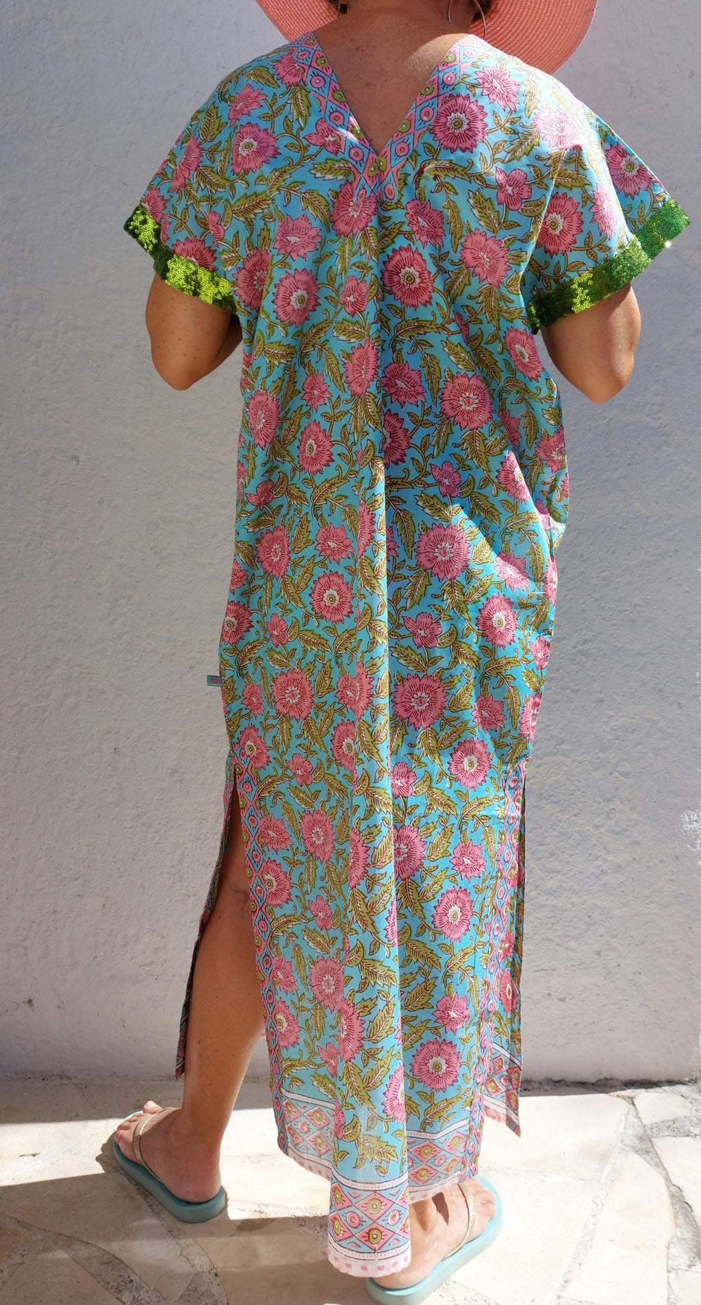 long caftan in soft cotton, turquoise pink floral pattern