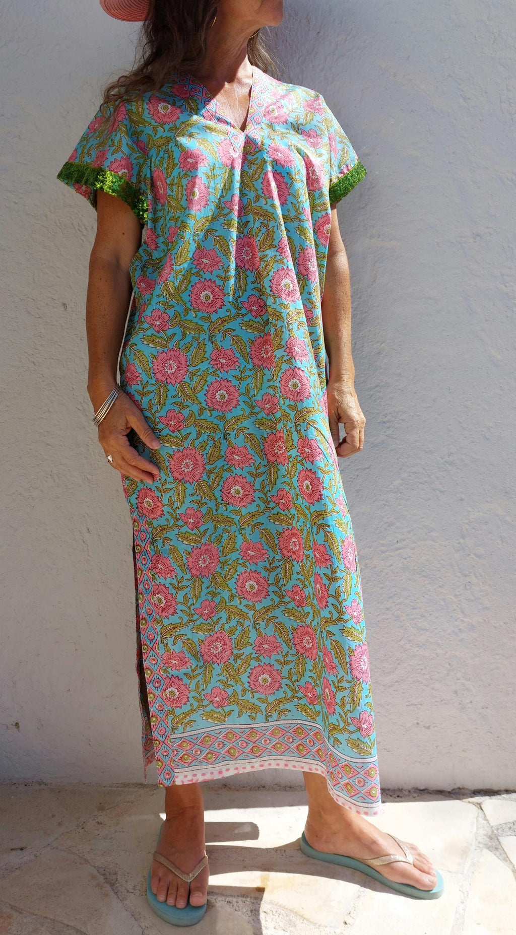 long caftan in soft cotton, turquoise pink floral pattern
