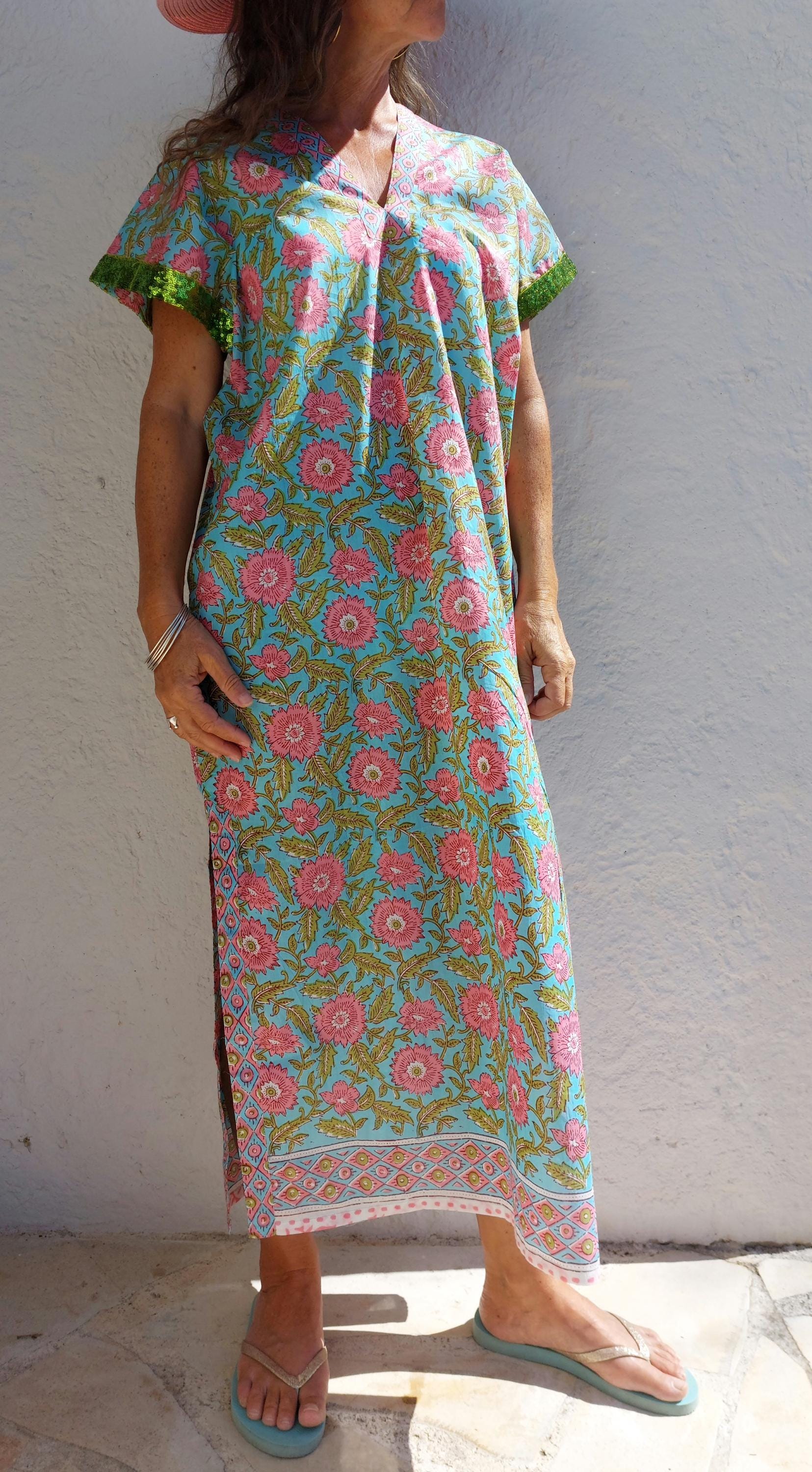 long caftan in soft cotton, turquoise pink floral pattern