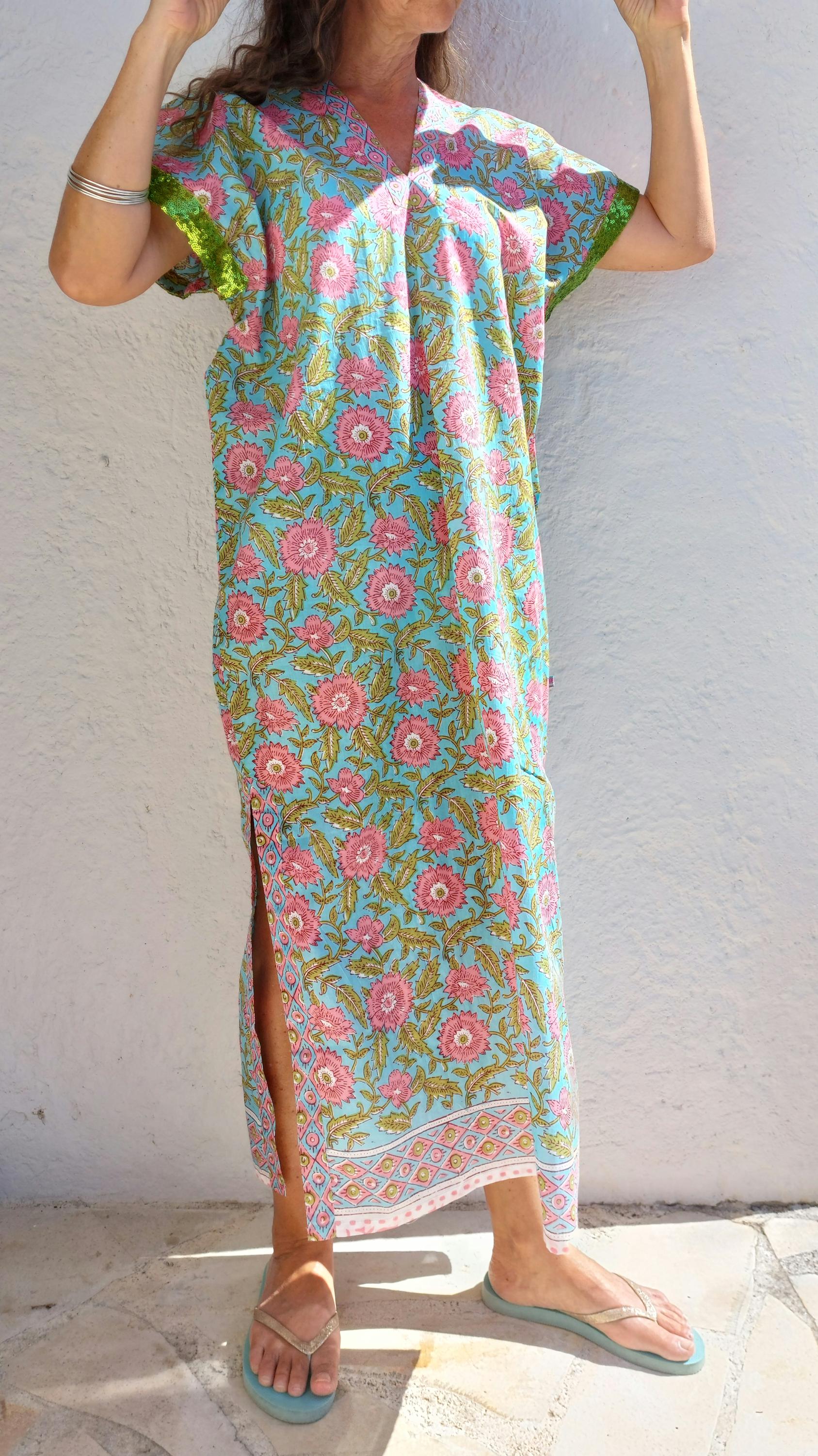 long caftan in soft cotton, turquoise pink floral pattern