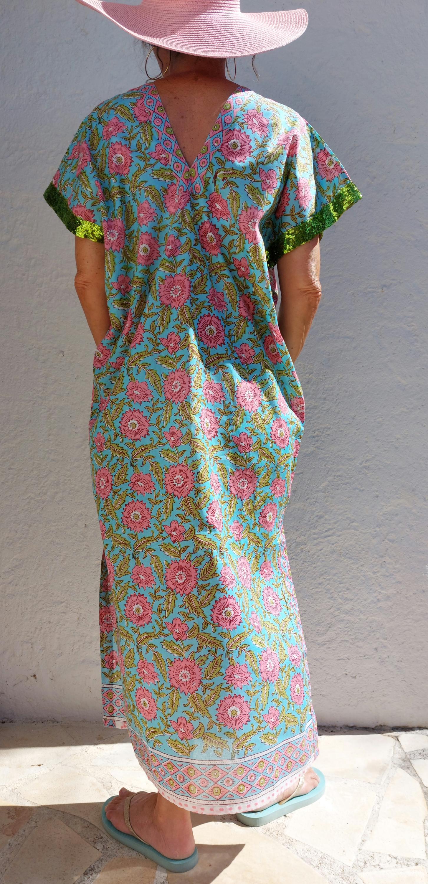 long caftan in soft cotton, turquoise pink floral pattern
