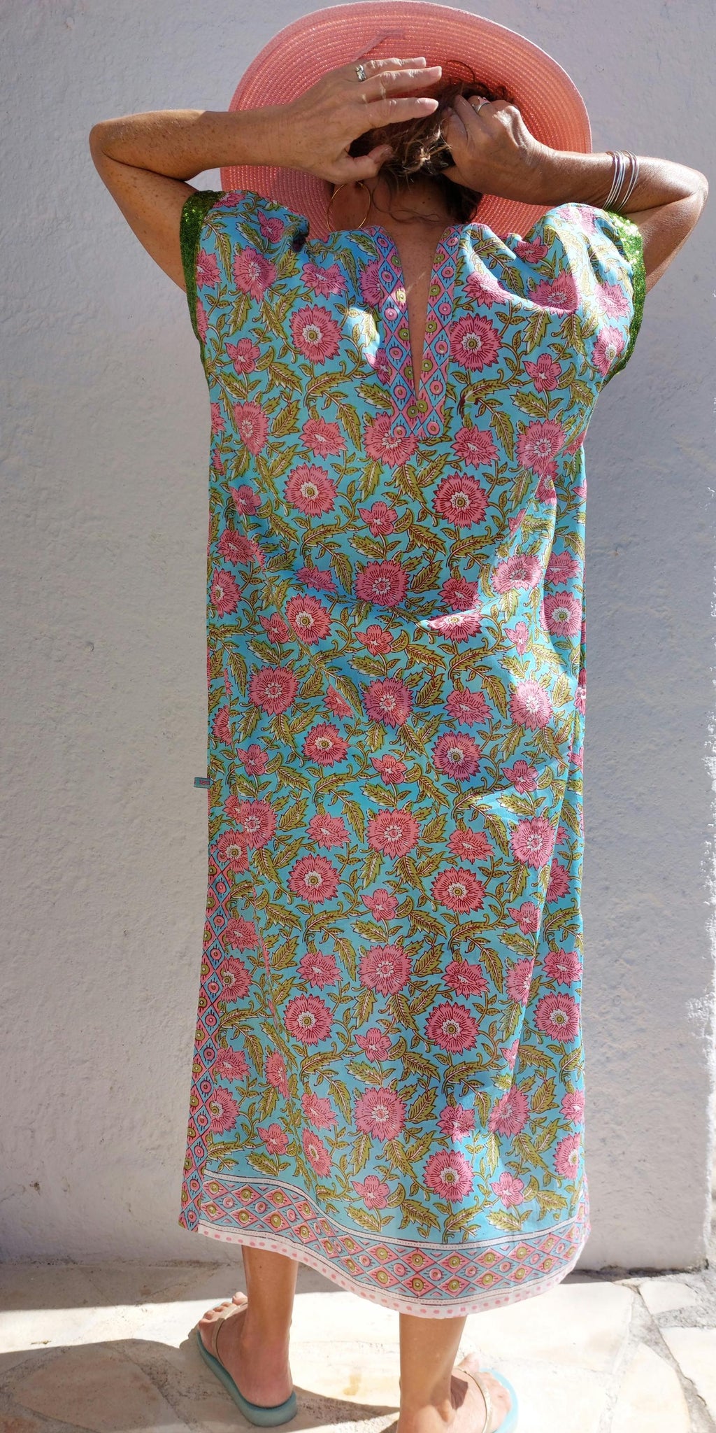 long caftan in soft cotton, turquoise pink floral pattern