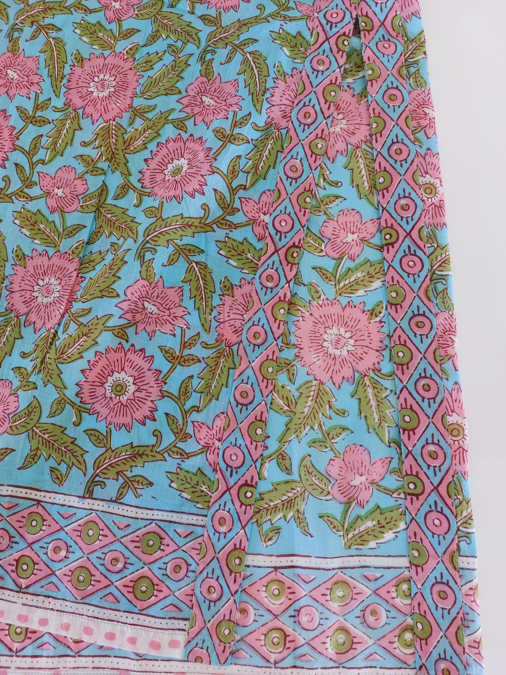 long caftan in soft cotton, turquoise pink floral pattern