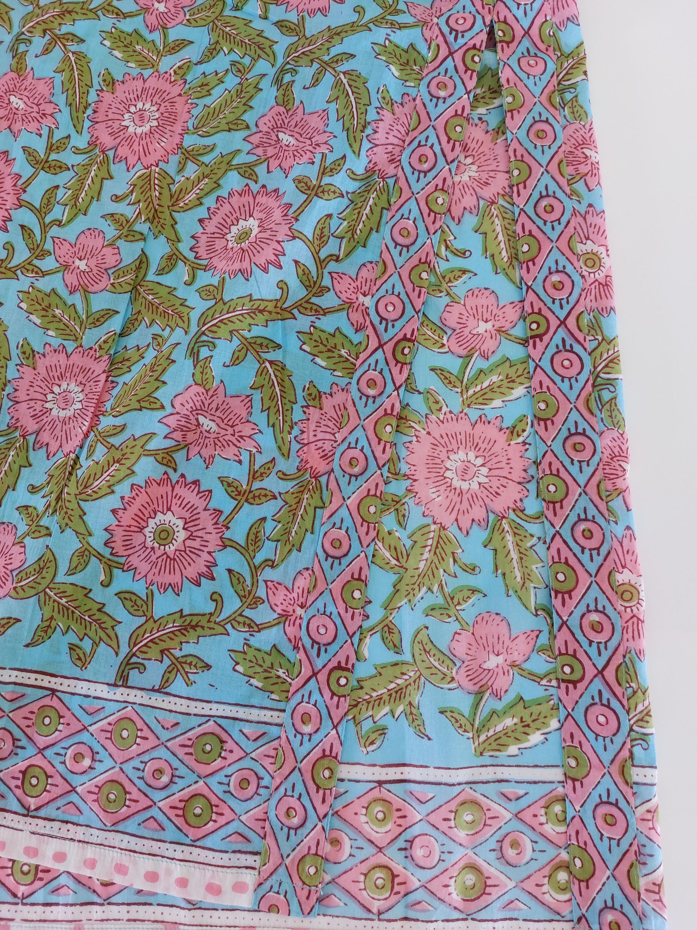 long caftan in soft cotton, turquoise pink floral pattern