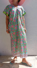 long caftan in soft cotton, turquoise pink floral pattern