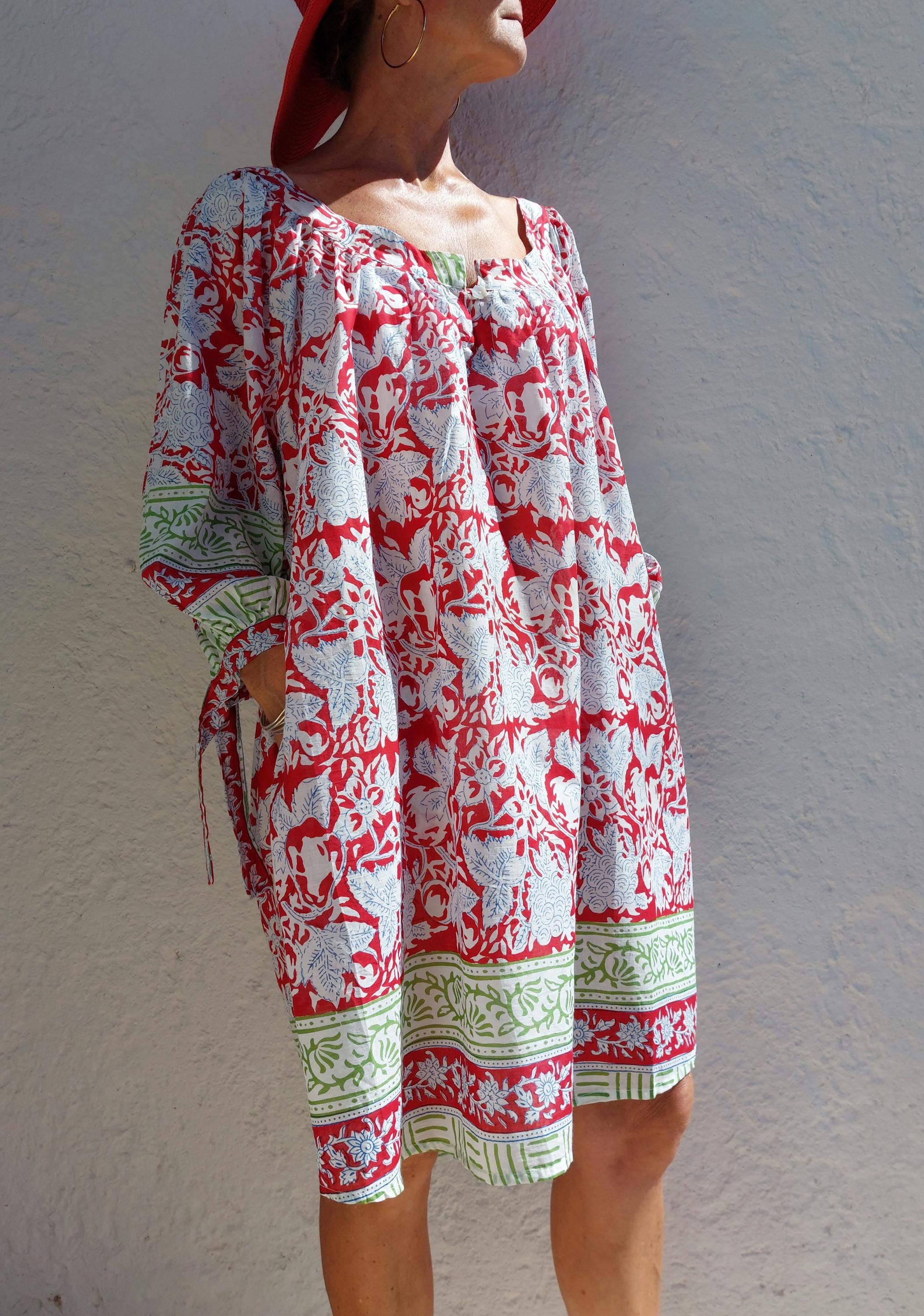 oversize tunic in soft cotton,red-green floral pattern
