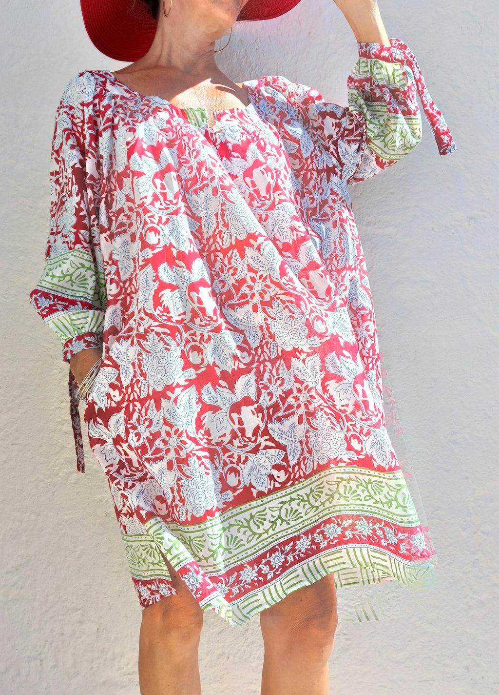 oversize tunic in soft cotton,red-green floral pattern