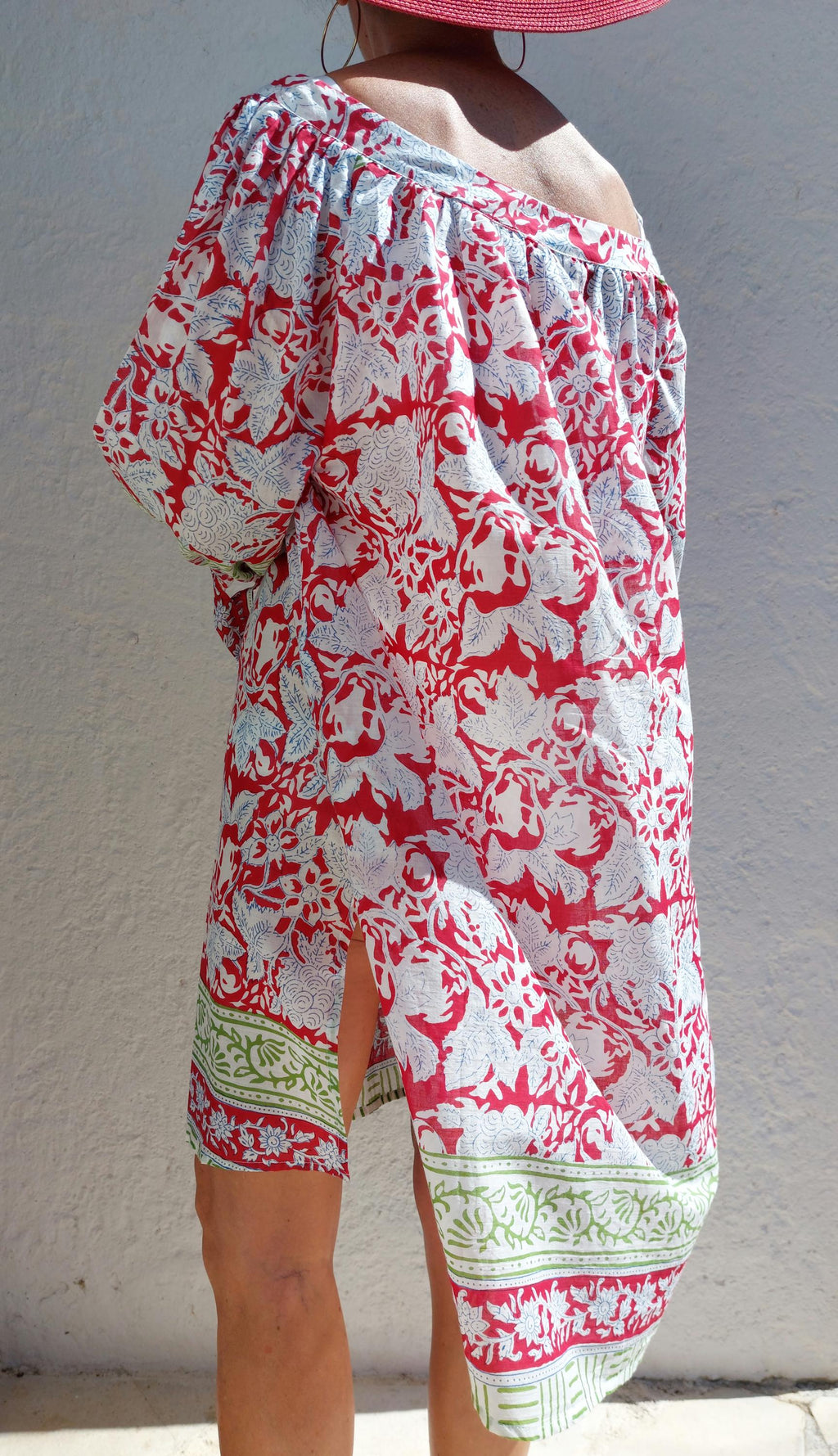 oversize tunic in soft cotton,red-green floral pattern