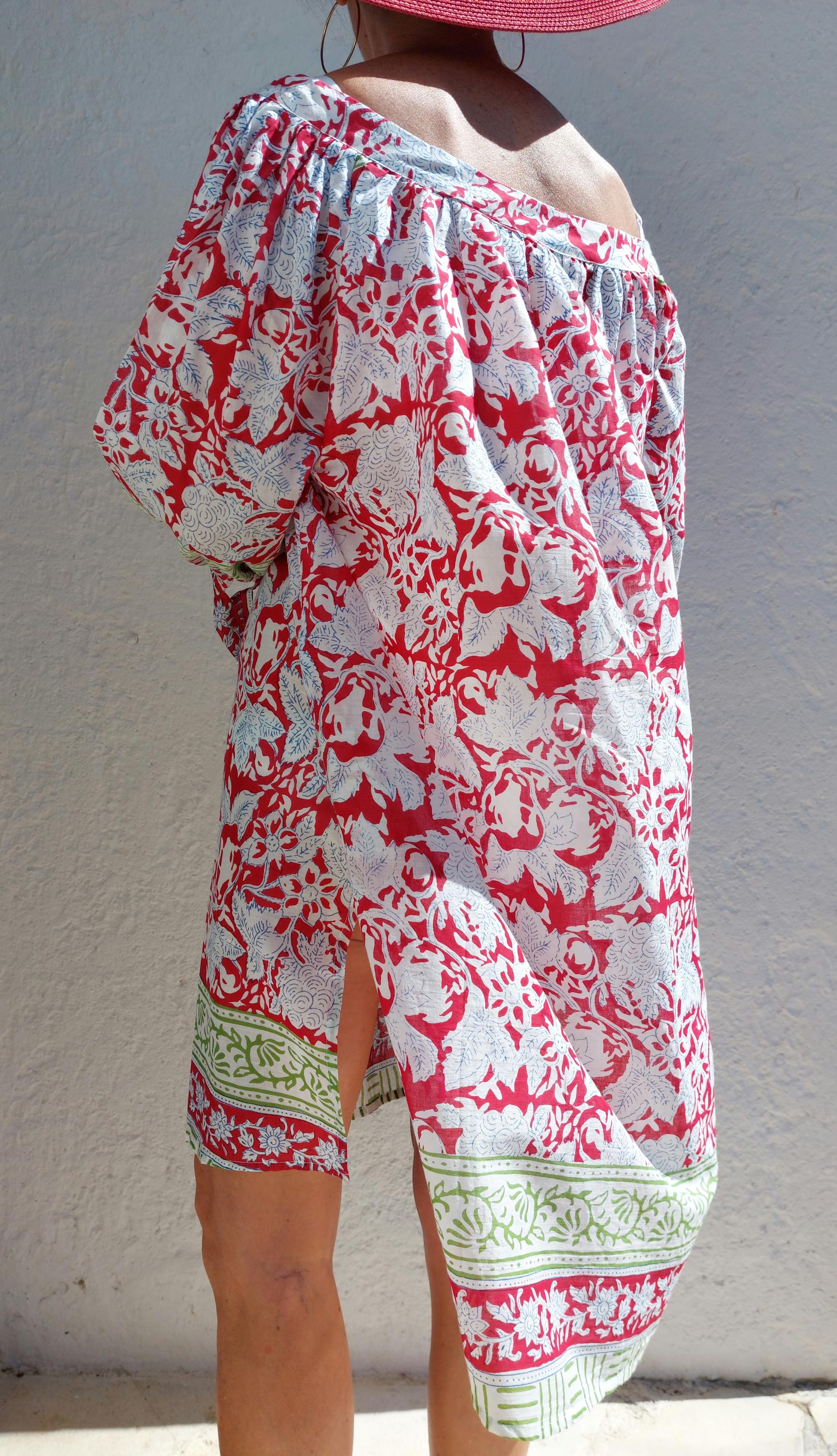 oversize tunic in soft cotton,red-green floral pattern
