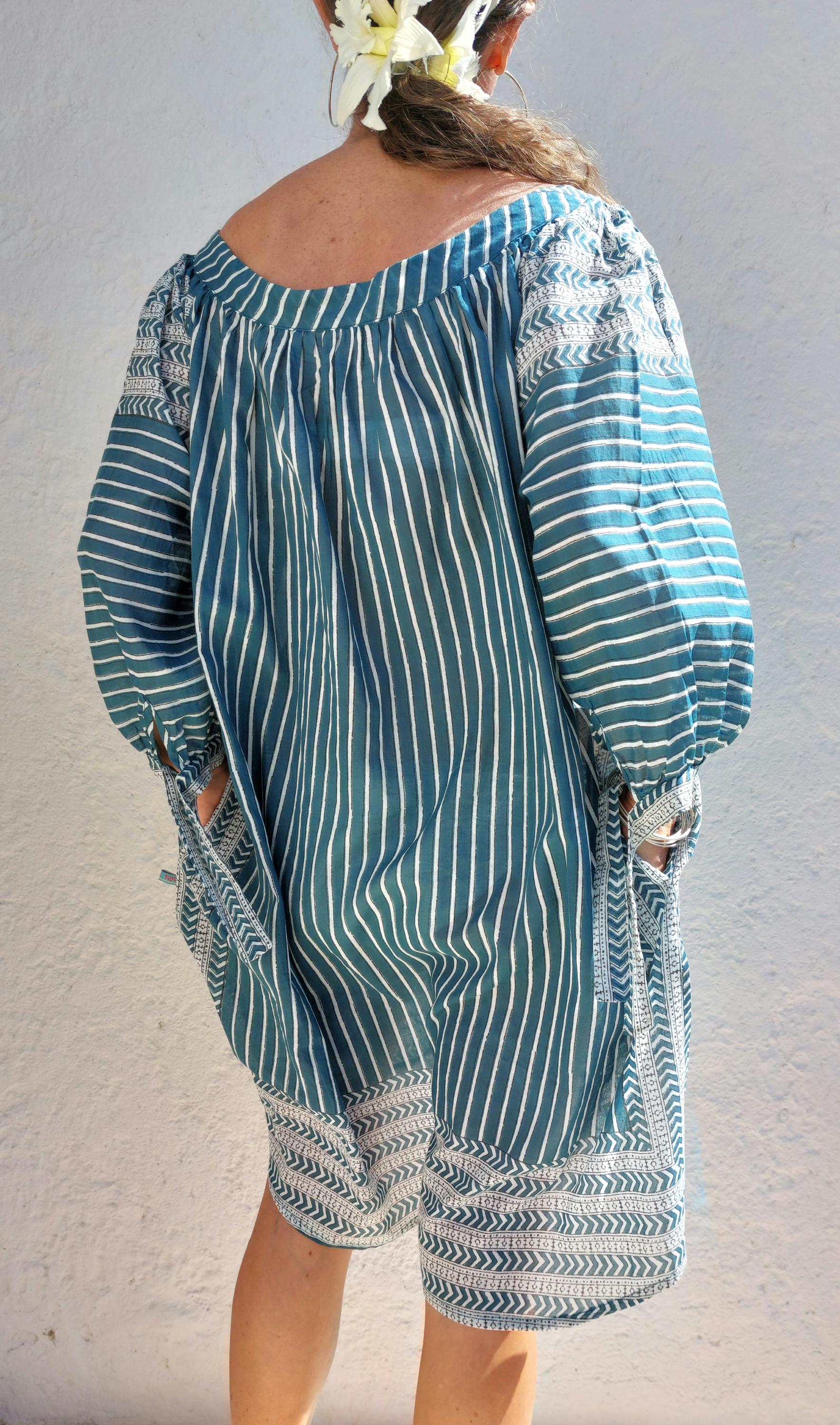 oversize tunic in soft cotton,peacock color stripes pattern