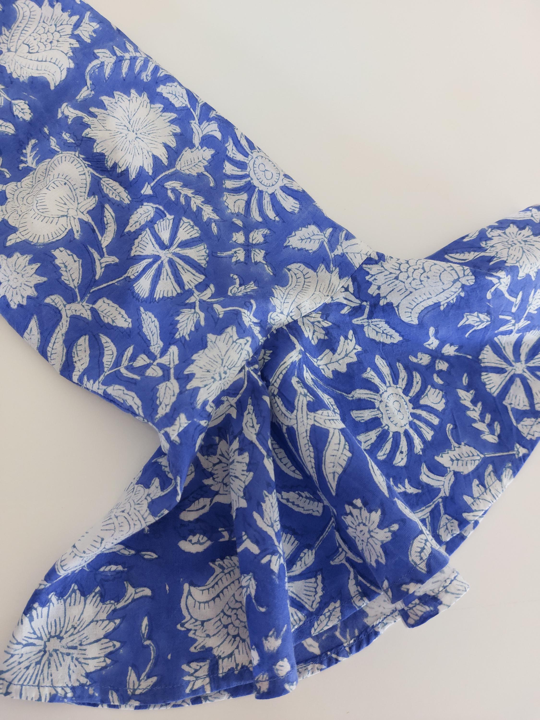 Hand Block Printed Cotton Maxi Dress – Navy Blue Floral Dress, Boho Chic Summer Dress, Large Ruffle Skirt, Hippie Chic Cotton Outfit