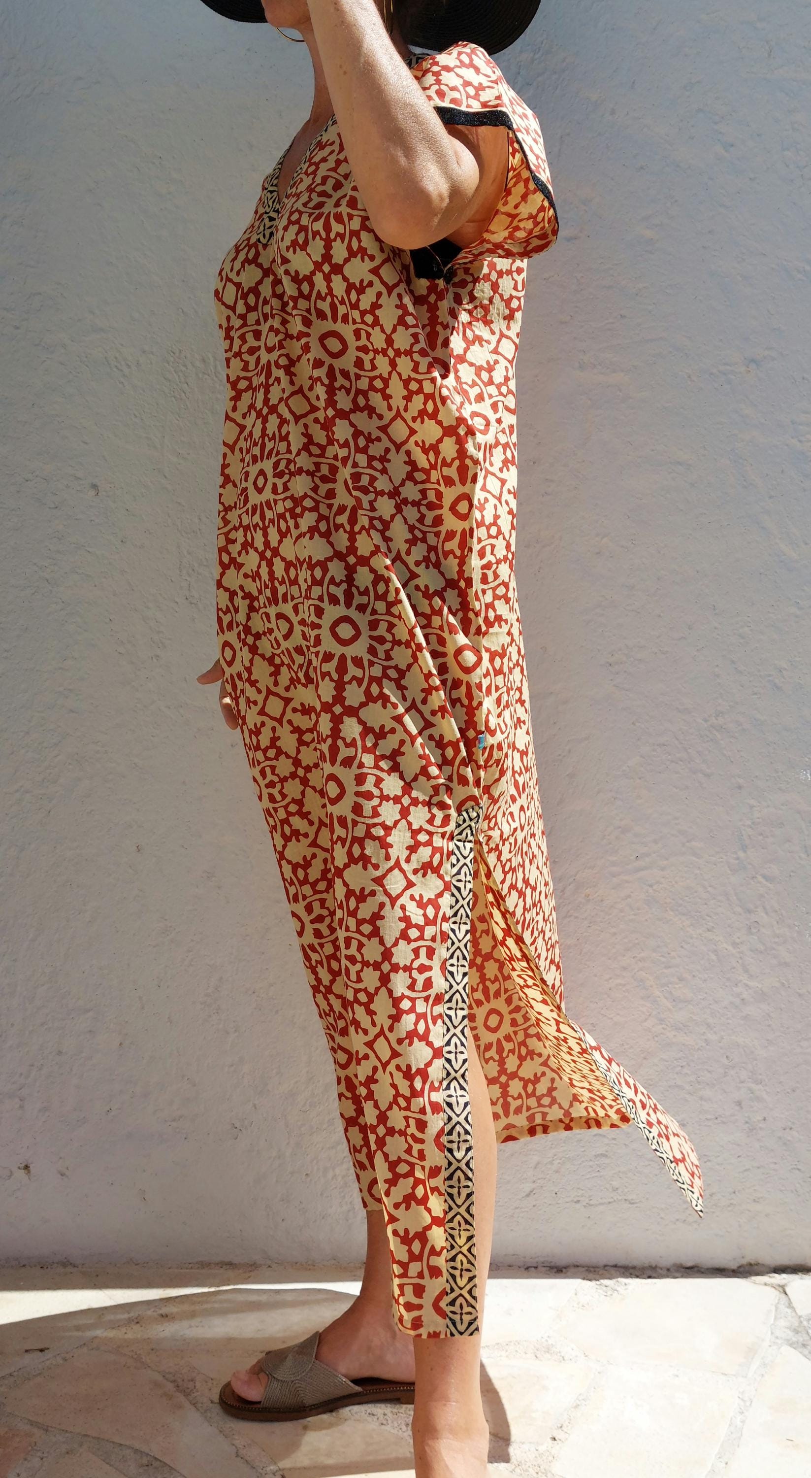 long cover-up in soft cotton, beige-rusty mosaic pattern