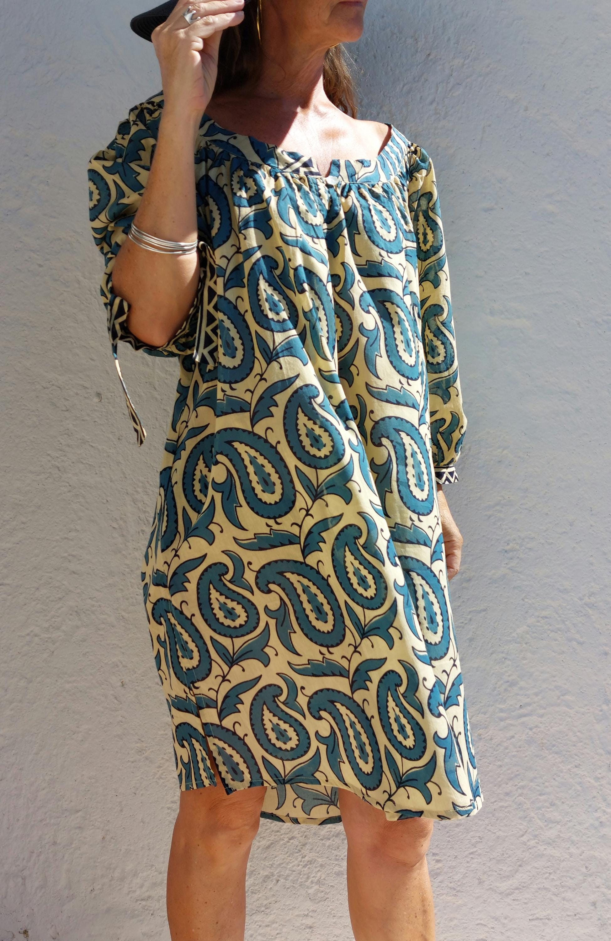 oversize tunic in soft cotton,beige blue paisley pattern