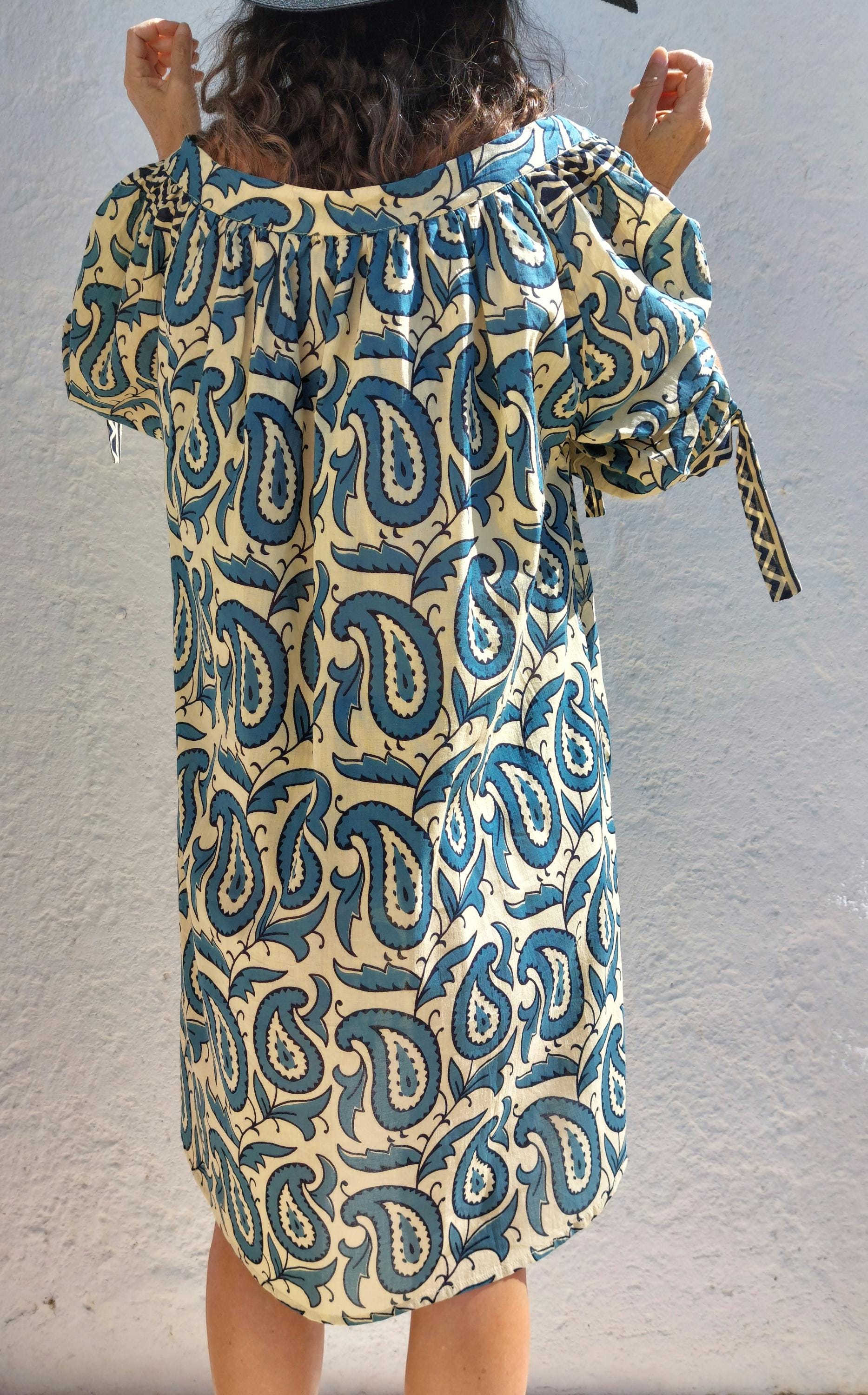 oversize tunic in soft cotton,beige blue paisley pattern