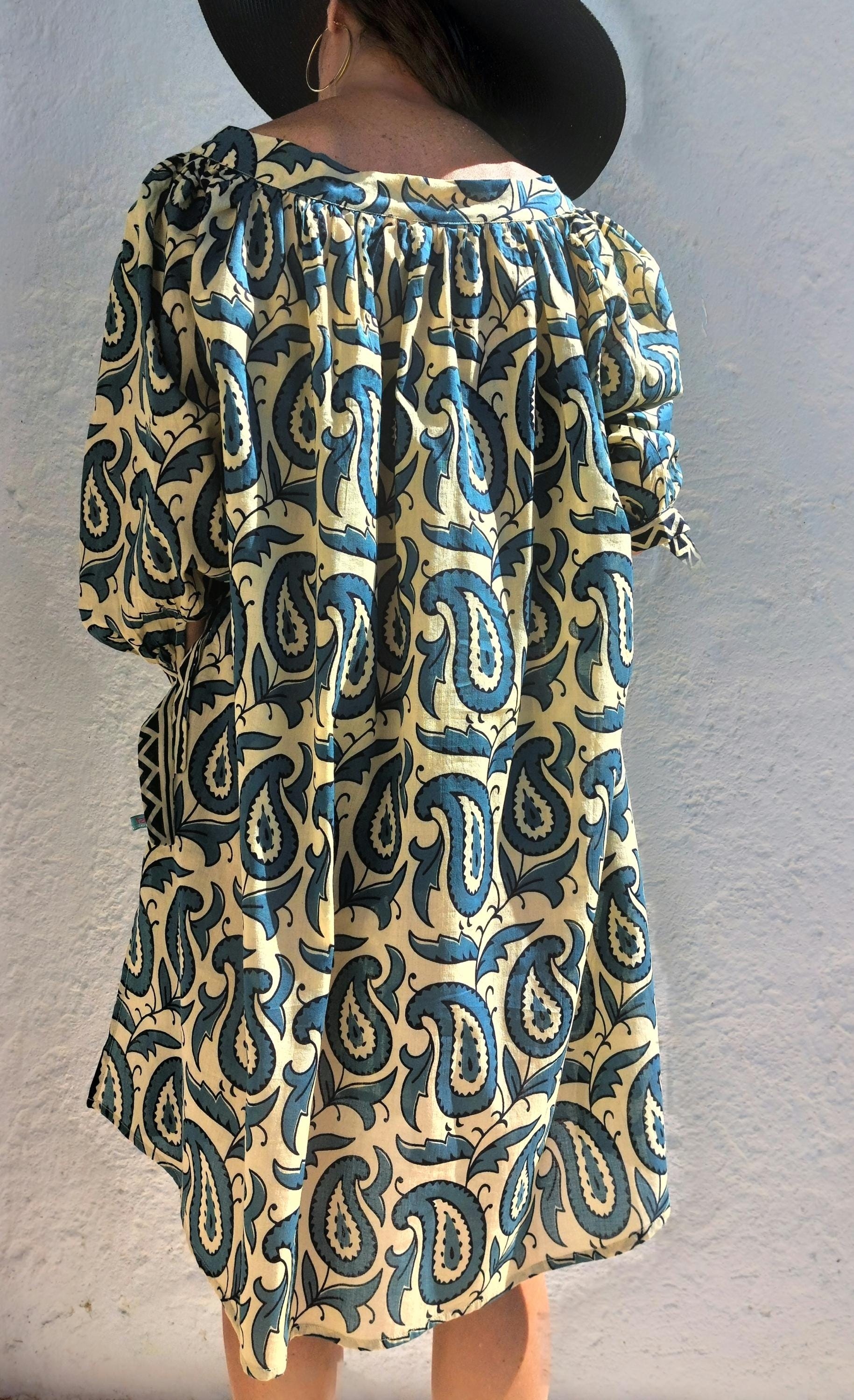 oversize tunic in soft cotton,beige blue paisley pattern
