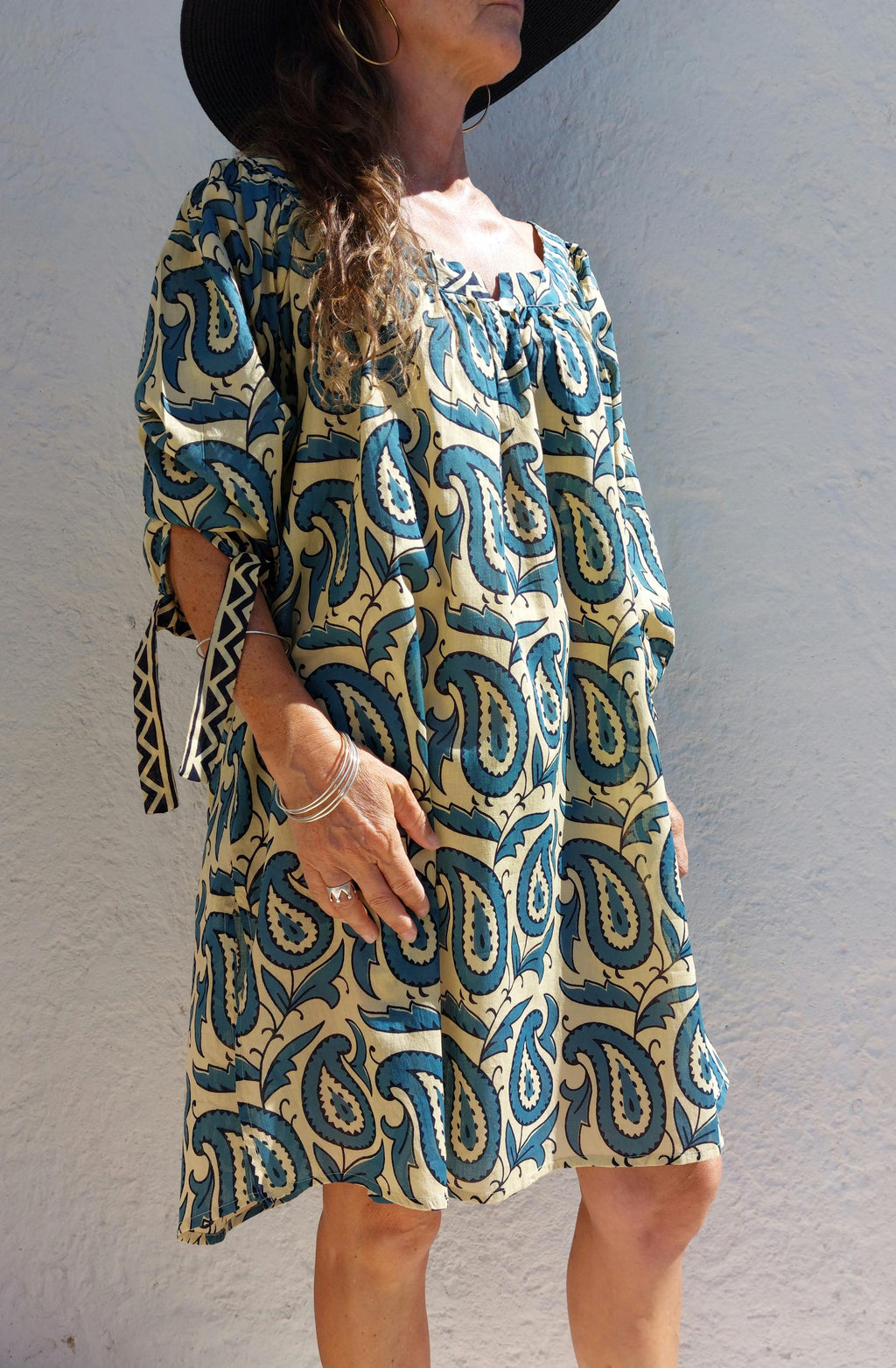 oversize tunic in soft cotton,beige blue paisley pattern
