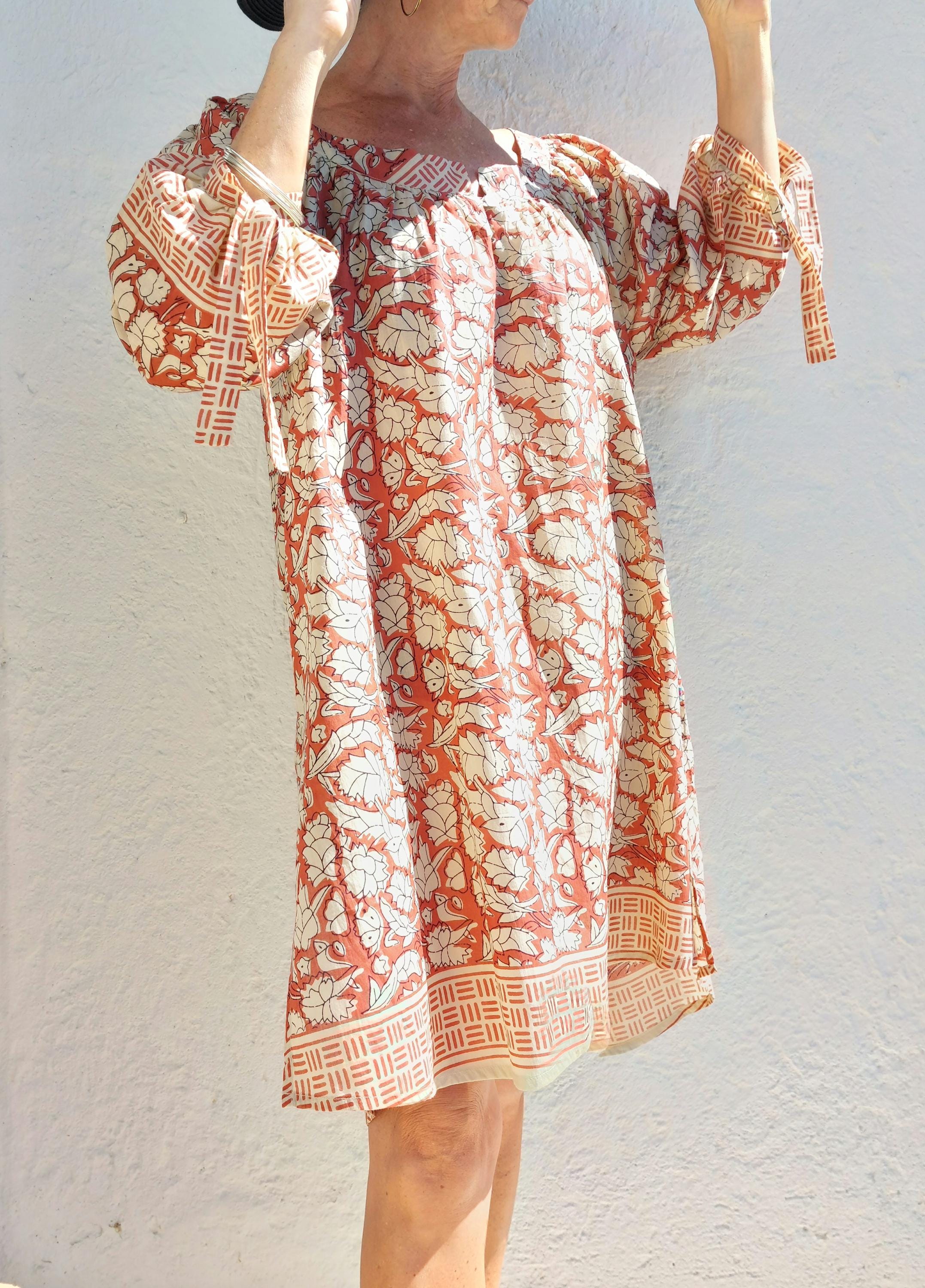 oversize tunic in soft cotton,beige rusty floral pattern