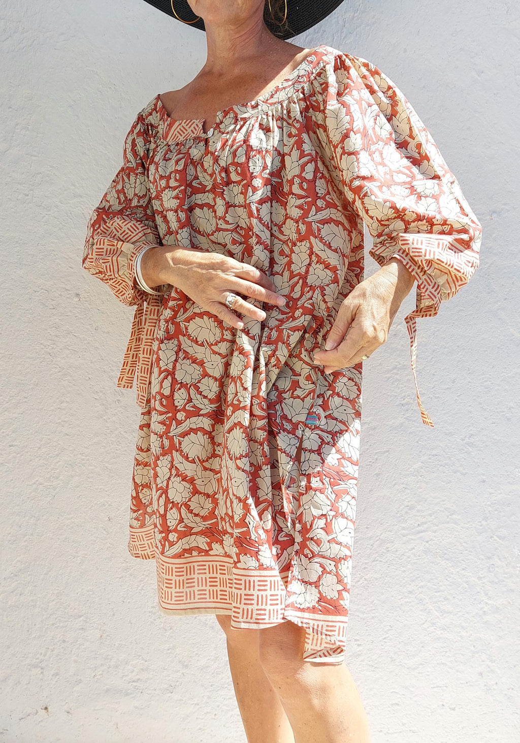 oversize tunic in soft cotton,beige rusty floral pattern