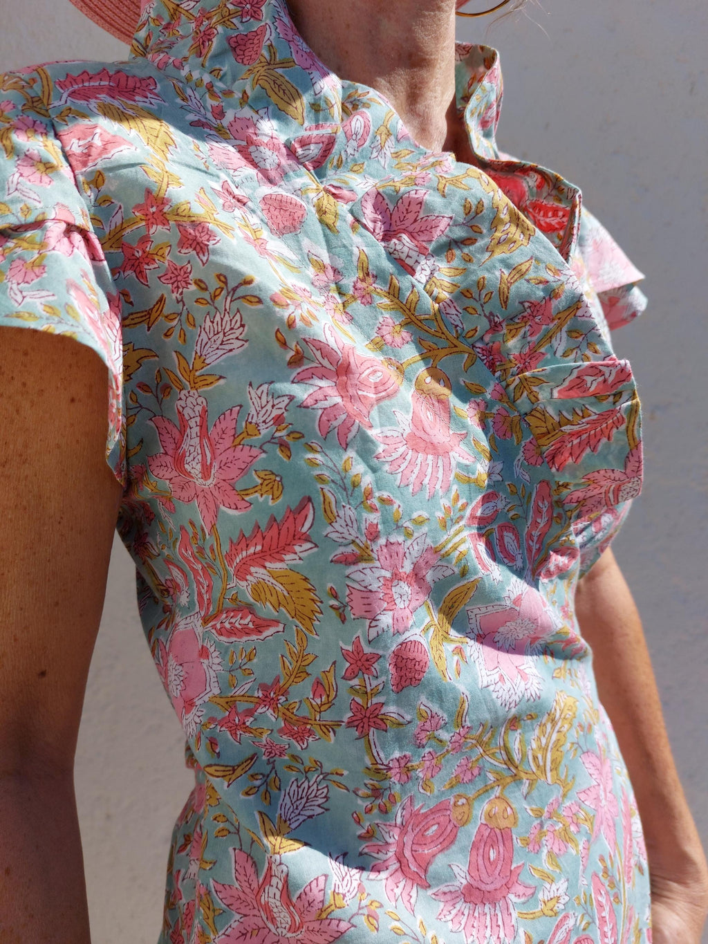 long dress in cotton handblock printed, wrap dress in multi pastel colors,ruffled collar, short sleeves, romantic colors, boheme chic outfit