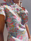 long dress in cotton handblock printed, wrap dress in multi pastel colors,ruffled collar, short sleeves, romantic colors, boheme chic outfit