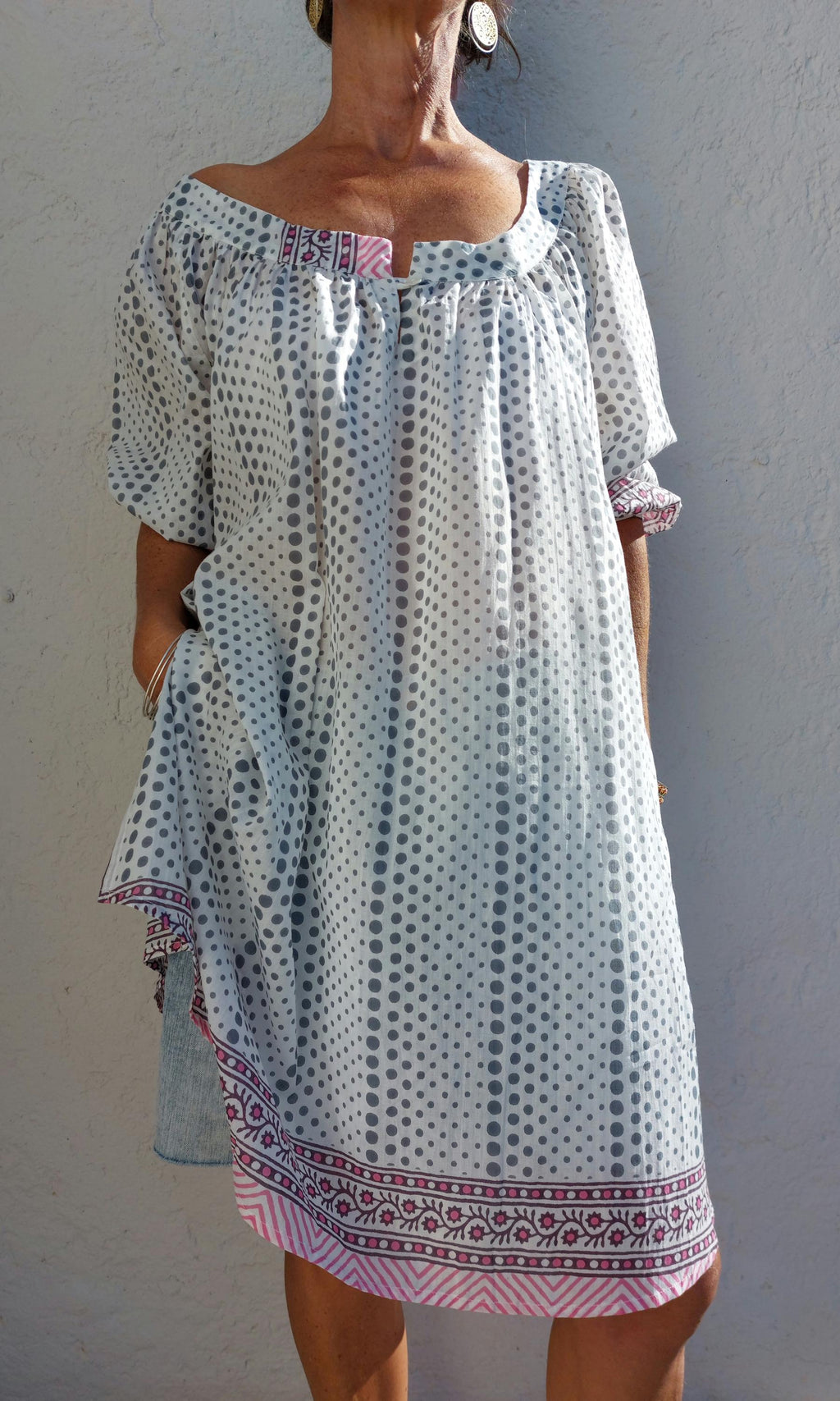 oversize tunic in soft cotton,white and grey dots pattern