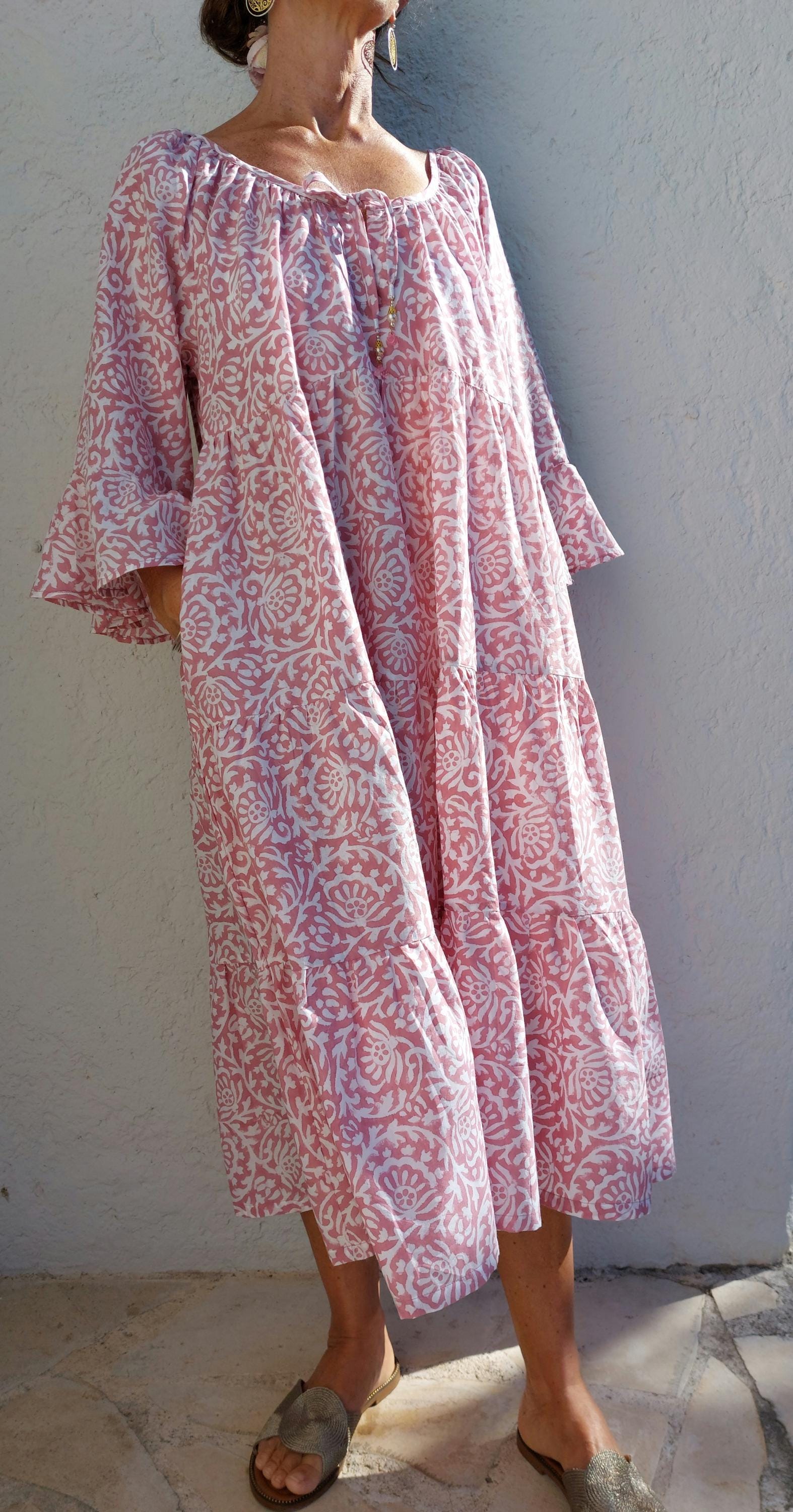 pink ruffled midi dress in cotton
