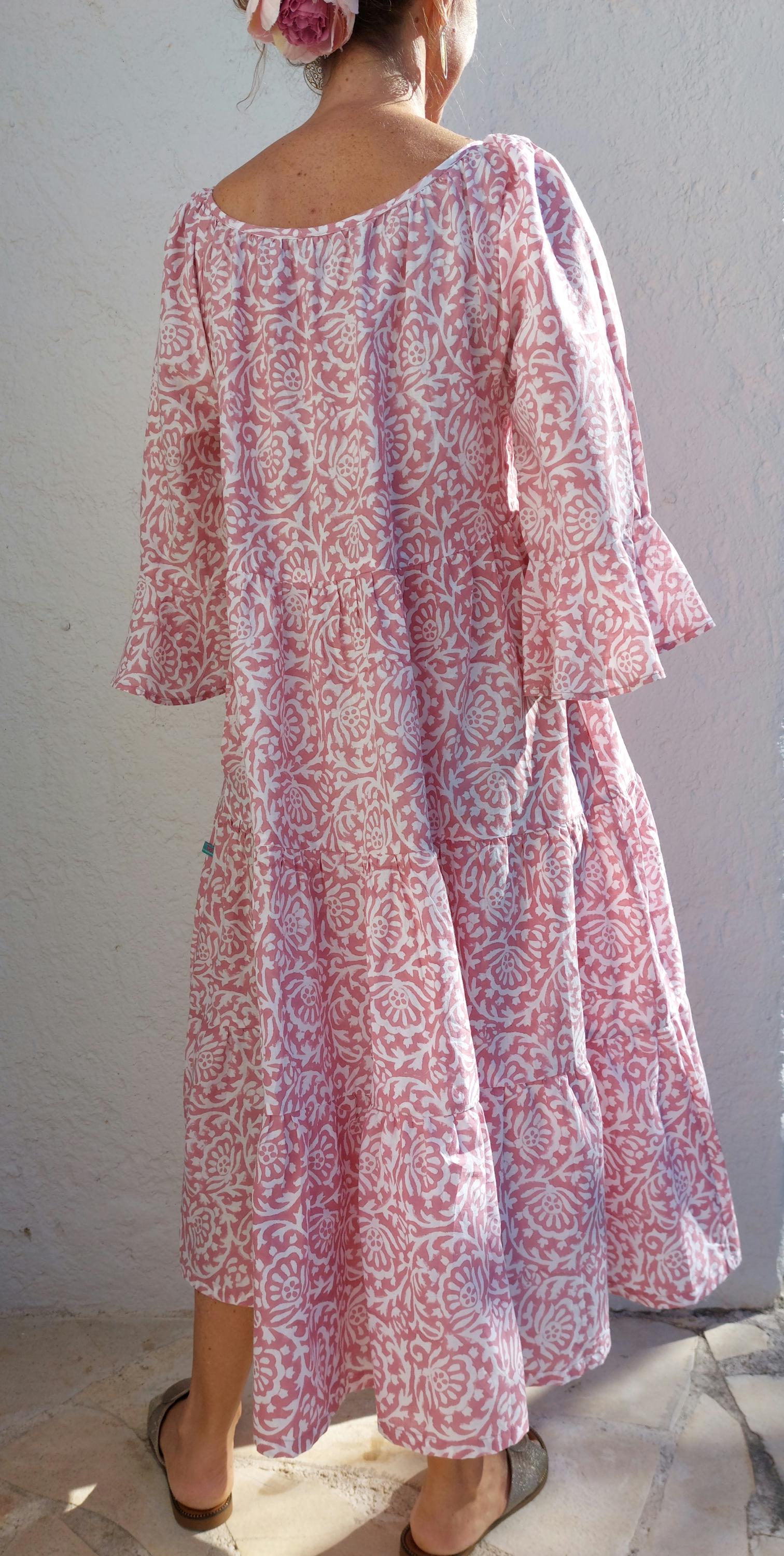 pink ruffled midi dress in cotton