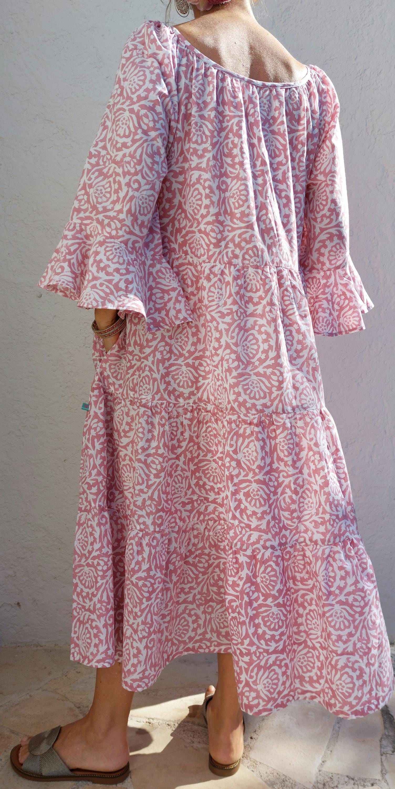 pink ruffled midi dress in cotton