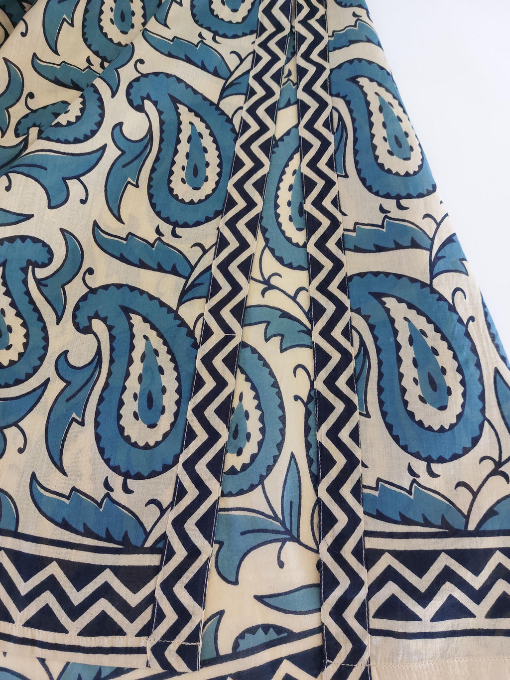 long caftan in soft cotton,one of a kind ponch,beige-blue paisley pattern,old gols sequins lace finishing on sleeves,summer outfit.
