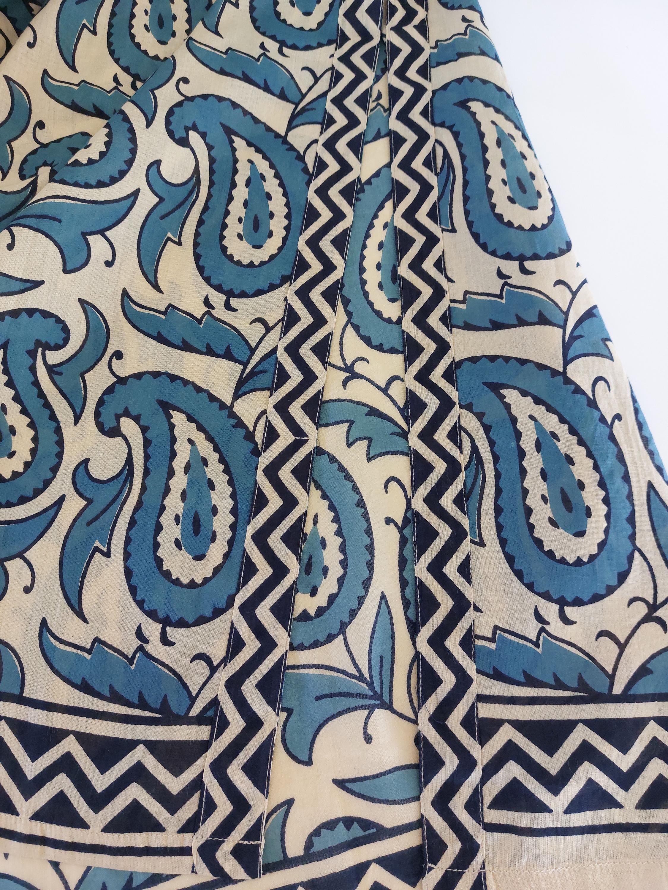 long caftan in soft cotton,one of a kind ponch,beige-blue paisley pattern,old gols sequins lace finishing on sleeves,summer outfit.