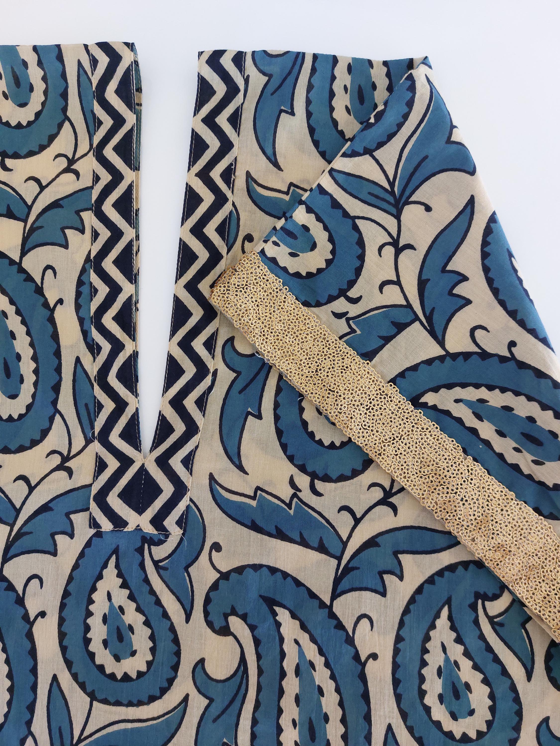 long caftan in soft cotton,one of a kind ponch,beige-blue paisley pattern,old gols sequins lace finishing on sleeves,summer outfit.