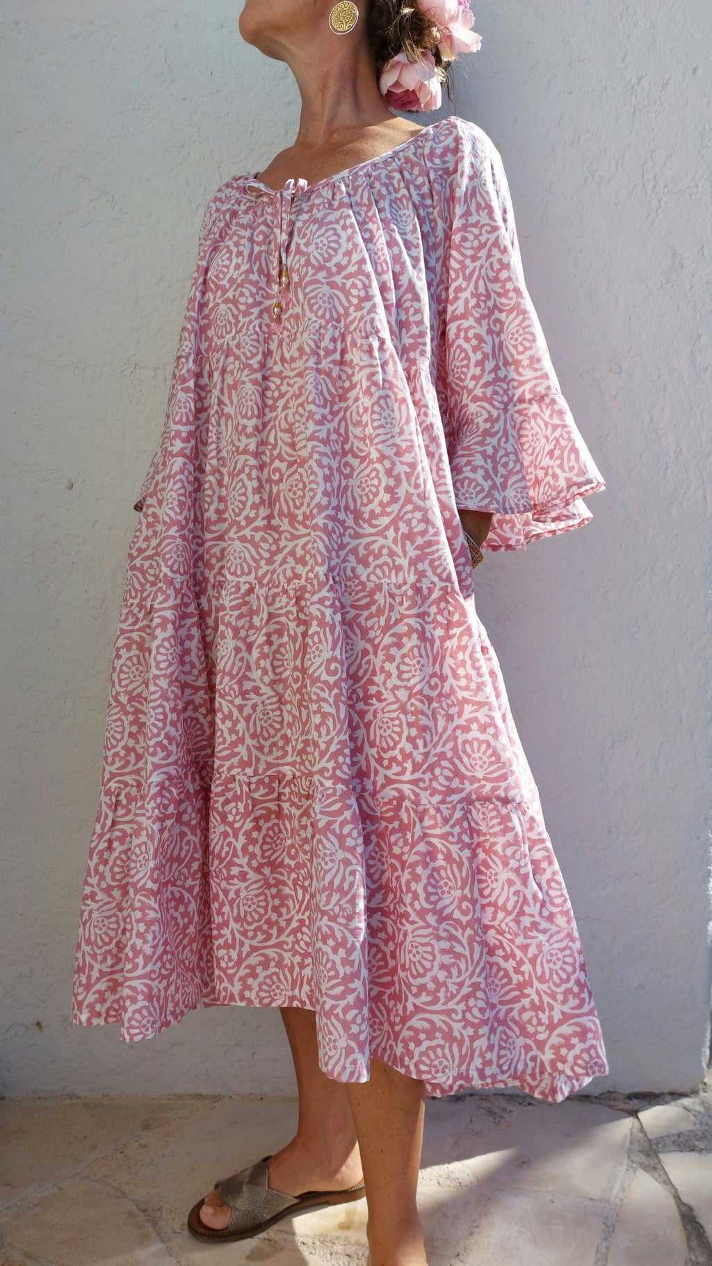 pink ruffled midi dress in cotton