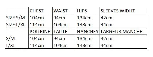 Garment size and measurement chart
