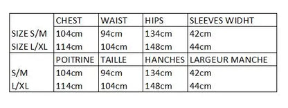 Garment size and measurement chart
