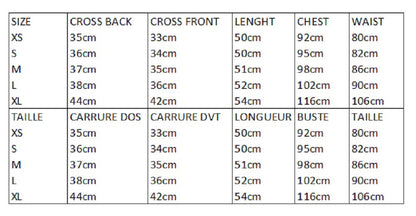 Garment size and measurement chart